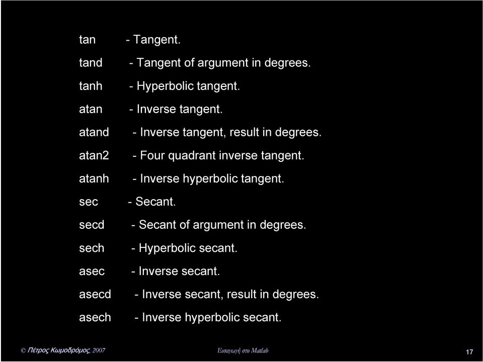 atanh - Inverse hyperbolic tangent. sec - Secant.