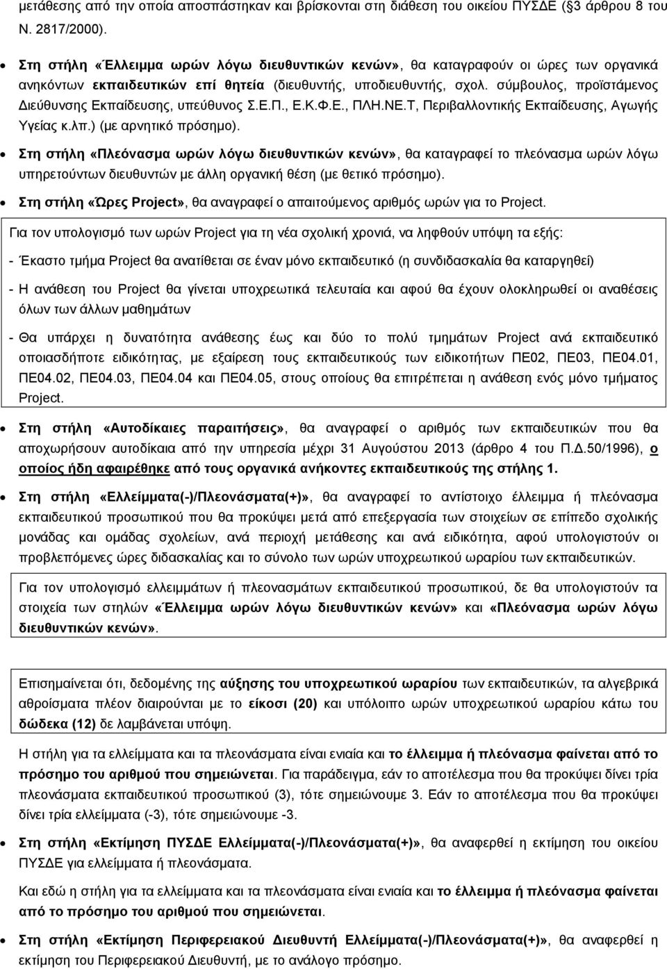 σύμβουλος, προϊστάμενος Διεύθυνσης Εκπαίδευσης, υπεύθυνος Σ.Ε.Π., Ε.Κ.Φ.Ε., ΠΛΗ.ΝΕ.Τ, Περιβαλλοντικής Εκπαίδευσης, Αγωγής Υγείας κ.λπ.) (με αρνητικό πρόσημο).