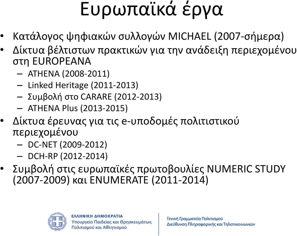 (2012 2013) ATHENA Plus (2013 2015) Δίκτυα έρευνας για τις e υποδομές πολιτιστικού περιεχομένου DC NET