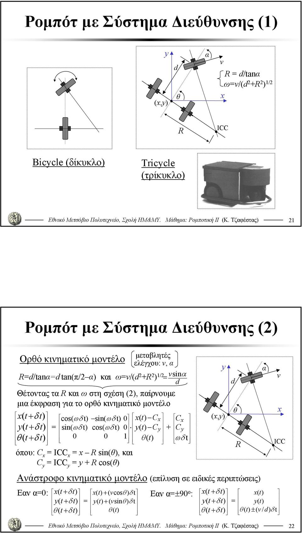 t) cos( ωδ t) 0 yt ( ) Cy + C y 0 0 θ() t ωδ t όπου: C x =ICC x = x R sin(θ), και C y =ICC y = y + R cos(θ) μεταβλητές ελέγχου: v, α y (x,y) Ανάστροφο κινηματικό μοντέλο (επίλυση σε ειδικές