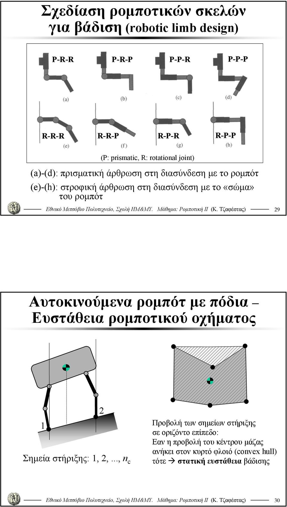 «σώμα» του ρομπότ 9 Αυτοκινούμενα ρομπότ με πόδια Ευστάθεια ρομποτικού οχήματος Σημεία στήριξης:,,.