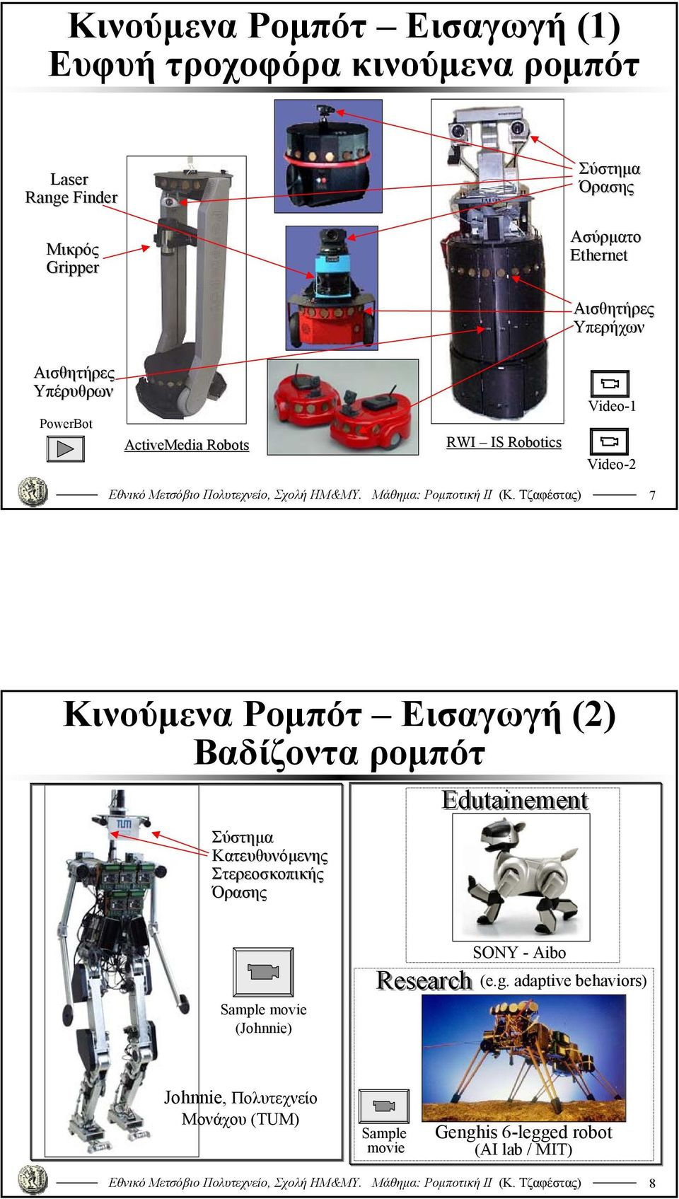 Ρομπότ Εισαγωγή () Βαδίζοντα ρομπότ Σύστημα Κατευθυνόμενης Στερεοσκοπικής Όρασης Edutainement Sample movie (Johnnie)