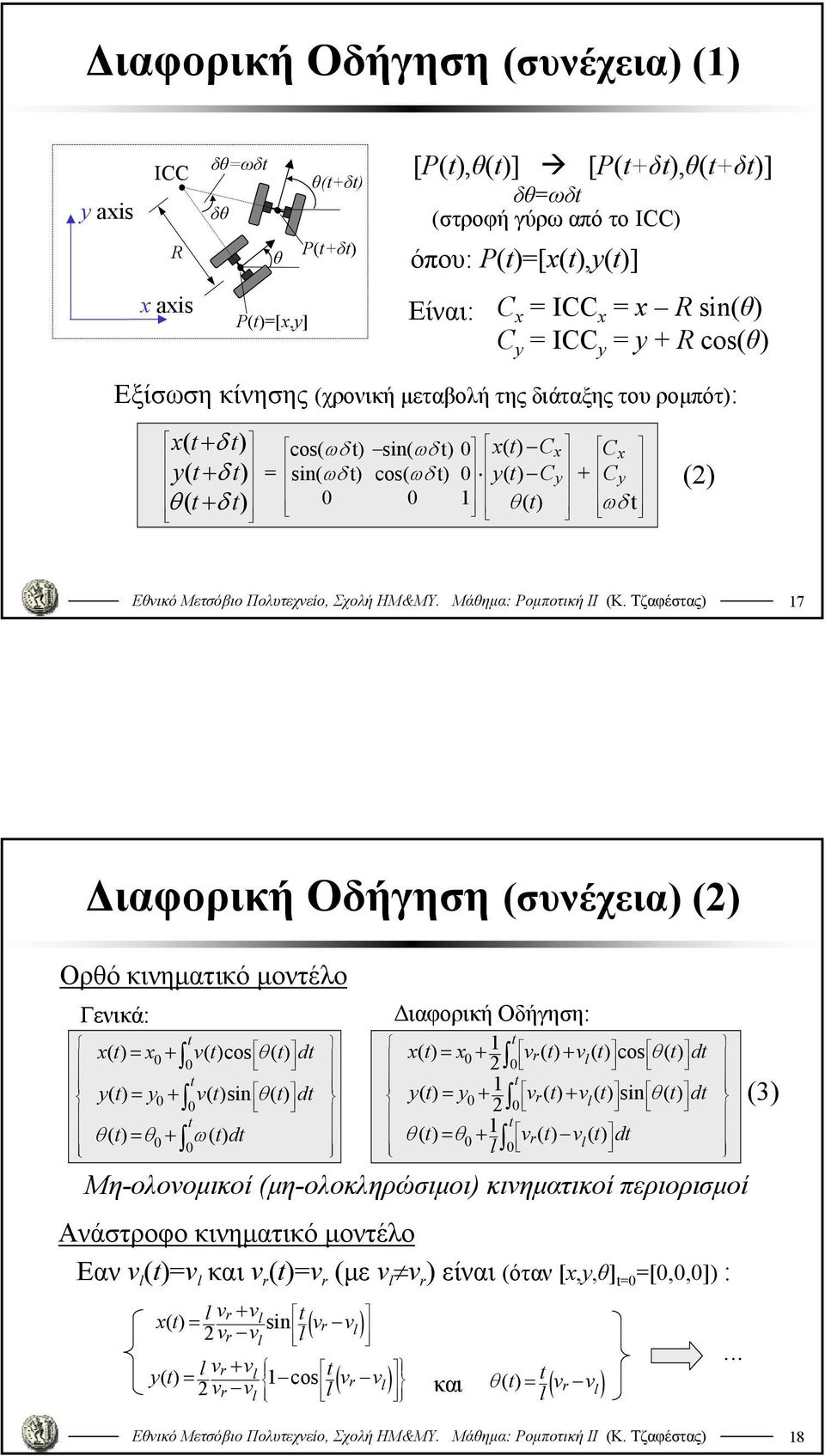 + C y 0 0 θ() t ωδ t () 7 Διαφορική Οδήγηση (συνέχεια) () Ορθό κινηματικό μοντέλο Γενικά: Διαφορική Οδήγηση: x() t = x + v()cos t θ () t dt 0 0 t 0 0 t 0 0 yt () = y + vt ()sin θ () t dt θ() t = θ +