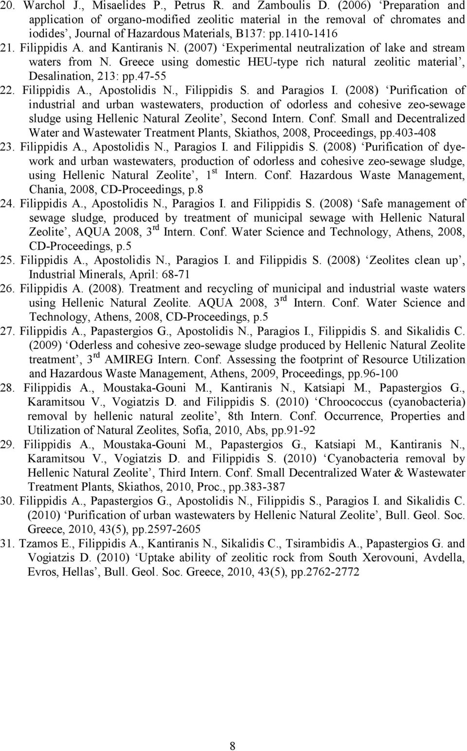 (2007) Experimental neutralization of lake and stream waters from N. Greece using domestic HEU-type rich natural zeolitic material, Desalination, 213: pp.47-55 22. Filippidis A., Apostolidis N.