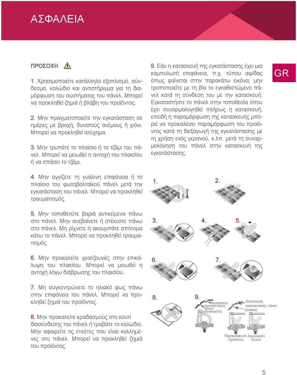 Μπορεί να μειωθεί η αντοχή του πλαισίου ή να σπάσει το τζάμι. 4. Μην αγγίζετε τη γυάλινη επιφάνεια ή το πλαίσιο του φωτοβολταϊκού πάνελ μετά την εγκατάσταση του πάνελ.