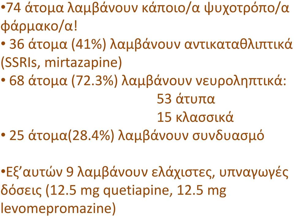 3%) λαμβάνουν νευροληπτικά: 53 άτυπα 15 κλασσικά 25 άτομα(28.