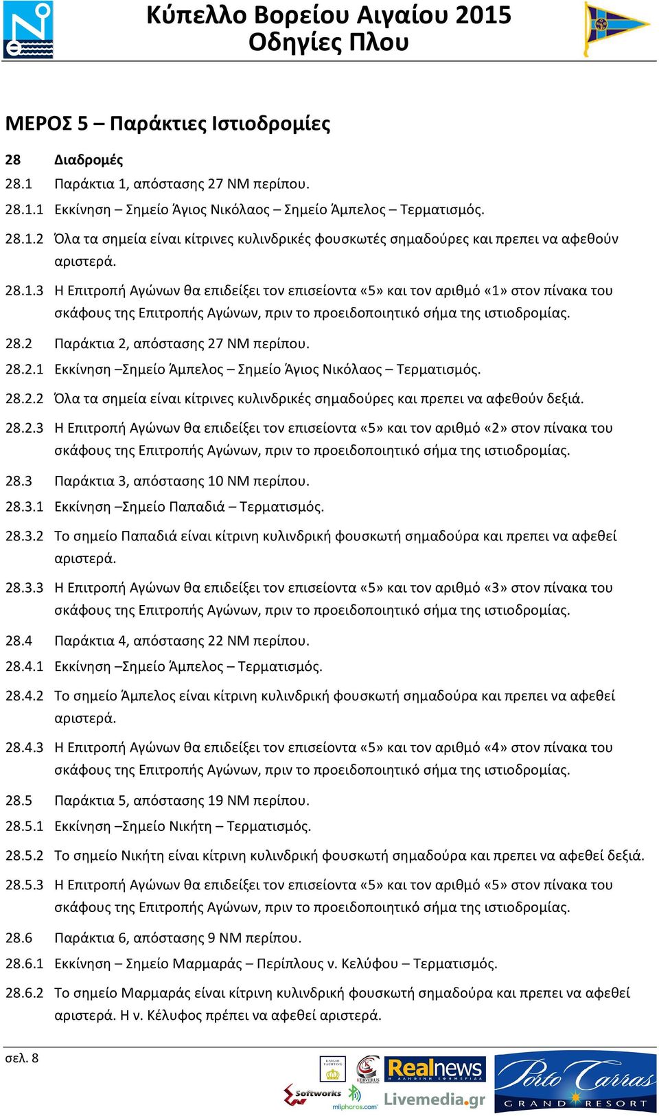 2 Παράκτια 2, απόστασης 27 ΝΜ περίπου. 28.2.1 Εκκίνηση Σημείο Άμπελος Σημείο Άγιος Νικόλαος Τερματισμός. 28.2.2 Όλα τα σημεία είναι κίτρινες κυλινδρικές σημαδούρες και πρεπει να αφεθούν δεξιά. 28.2.3 Η Επιτροπή Αγώνων θα επιδείξει τον επισείοντα «5» και τον αριθμό «2» στον πίνακα του σκάφους της Επιτροπής Αγώνων, πριν το προειδοποιητικό σήμα της ιστιοδρομίας.