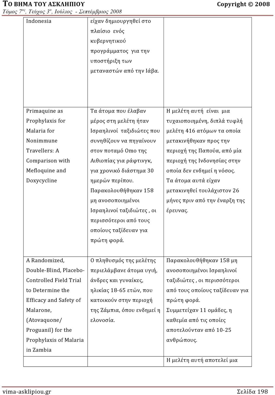 Primaquine as Prophylaxis for Malaria for Nonimmune Travellers: A Comparison with Mefloquine and Doxycycline Τα άτομα που έλαβαν μέρος στη μελέτη ήταν Ισραηλινοί ταξιδιώτες που συνηθίζουν να