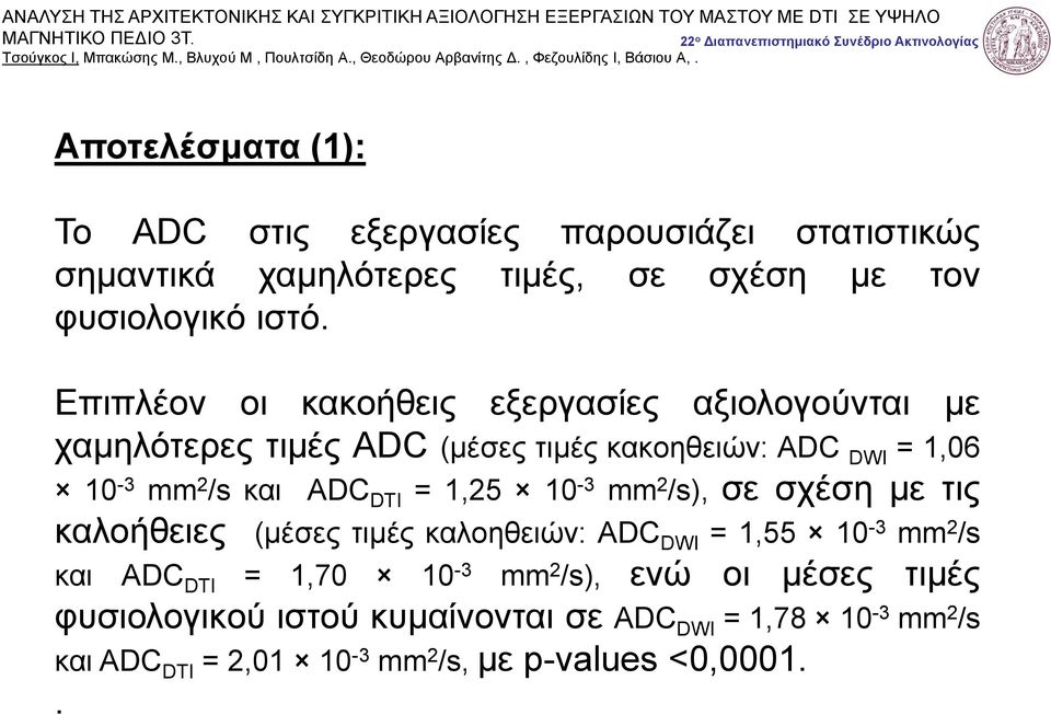 DTI = 1,25 10-3 mm 2 /s), σε σχέση με τις καλοήθειες (μέσες τιμές καλοηθειών: ADC DWI = 1,55 10-3 mm 2 /s και ADC DTI = 1,70 10-3 mm