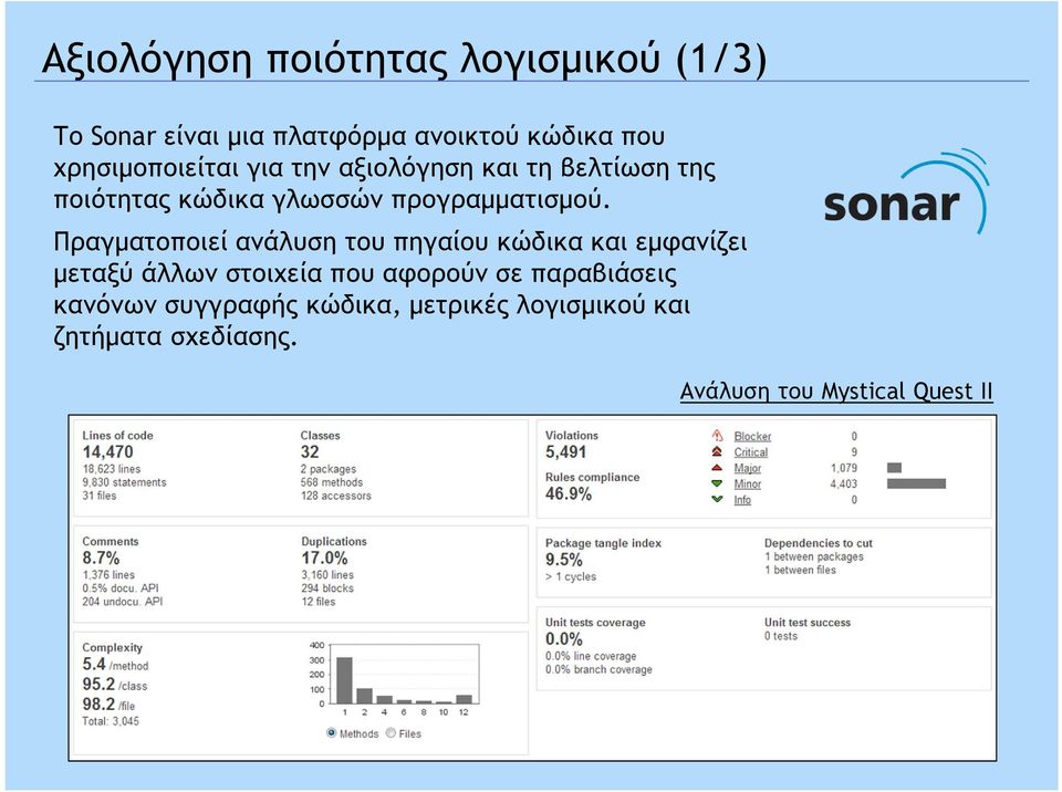 Πραγµατοποιεί ανάλυση του πηγαίου κώδικα και εµφανίζει µεταξύ άλλων στοιχεία που αφορούν σε