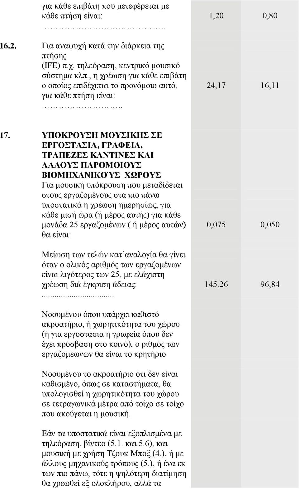 ΥΠΟΚΡΟΥΣΗ ΜΟΥΣΙΚΗΣ ΣΕ ΕΡΓΟΣΤΑΣΙΑ, ΓΡΑΦΕΙΑ, ΤΡΑΠΕΖΕΣ ΚΑΝΤΙΝΕΣ ΚΑΙ ΑΛΛΟΥΣ ΠΑΡΟΜΟΙΟΥΣ ΒΙΟΜΗΧΑΝΙΚΟΎΣ ΧΩΡΟΥΣ Για μουσική υπόκρουση που μεταδίδεται στους εργαζομένους στα πιο πάνω υποστατικά η χρέωση