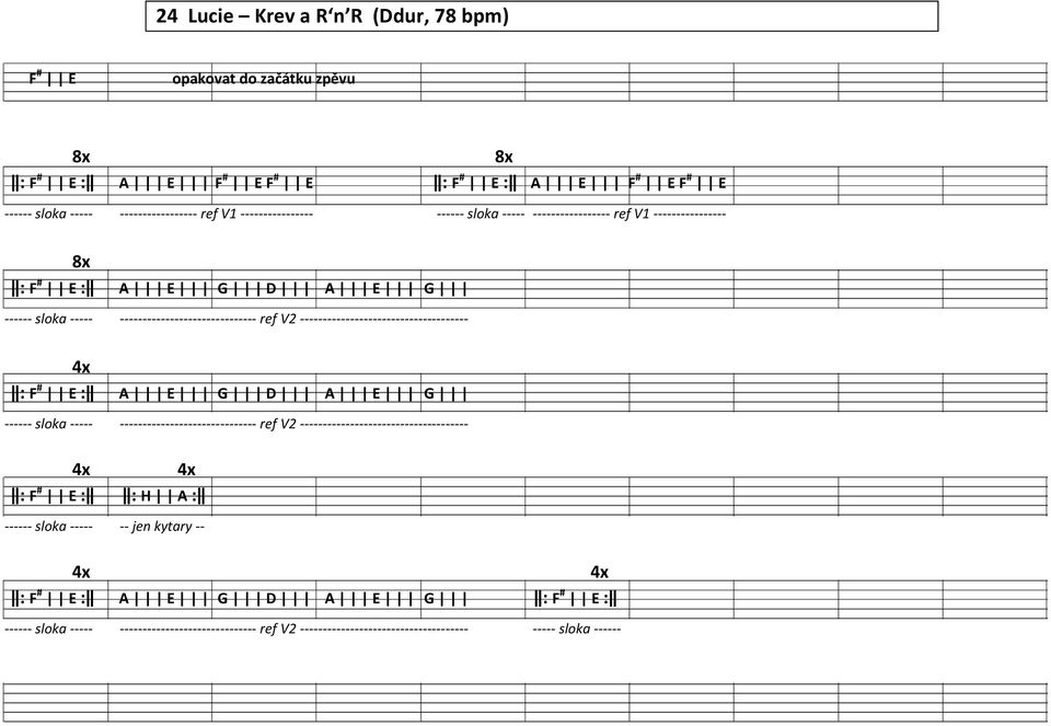 ------------------------------------- 4x ǁ: F # E :ǁ A E G D A E G ------ sloka ----- ------------------------------ ref V2 ------------------------------------- 4x 4x ǁ: F # E :ǁ