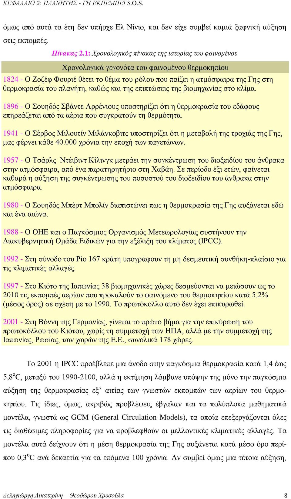 πλανήτη, καθώς και της επιπτώσεις της βιομηχανίας στο κλίμα. 1896 - Ο Σουηδός Σβάντε Αρρένιους υποστηρίζει ότι η θερμοκρασία του εδάφους επηρεάζεται από τα αέρια που συγκρατούν τη θερμότητα.