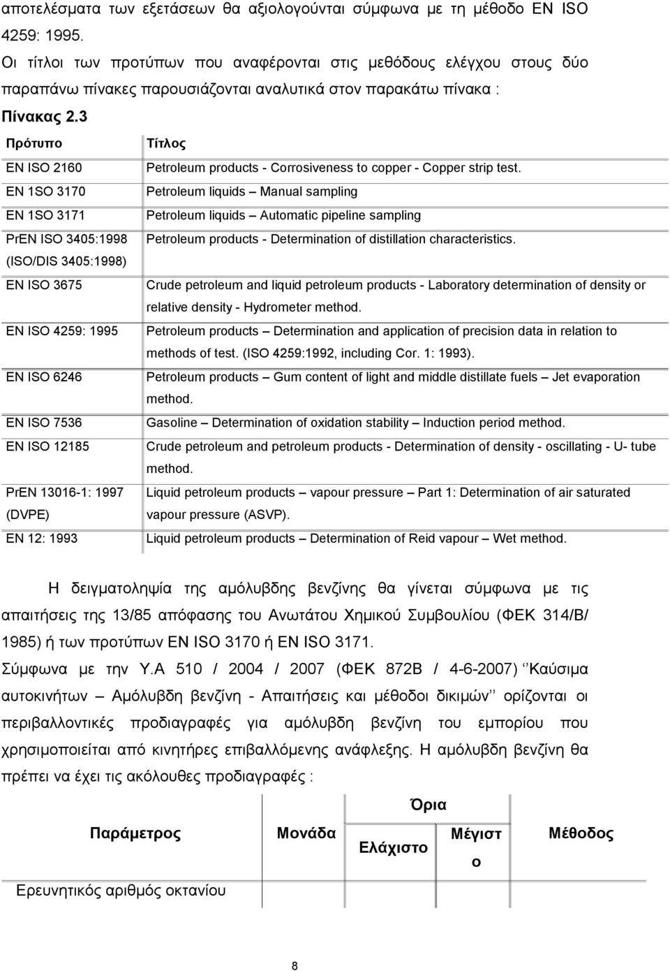 3 Πρότυπο EN ISO 2160 EN 1SO 3170 EN 1SO 3171 PrEN ISO 3405:1998 (ISO/DIS 3405:1998) EN ISO 3675 EN ISO 4259: 1995 EN ISO 6246 EN ISO 7536 EN ISO 12185 PrEN 13016-1: 1997 (DVPE) EN 12: 1993 Τίτλος