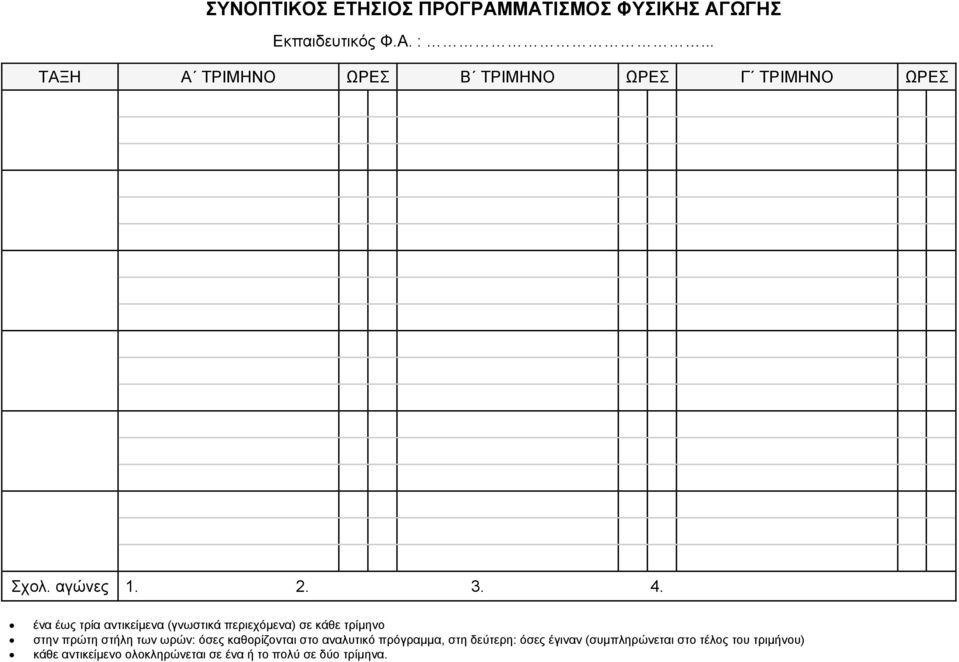 ένα έως τρία αντικείµενα (γνωστικά περιεχόµενα) σε κάθε τρίµηνο στην πρώτη στήλη των ωρών: όσες