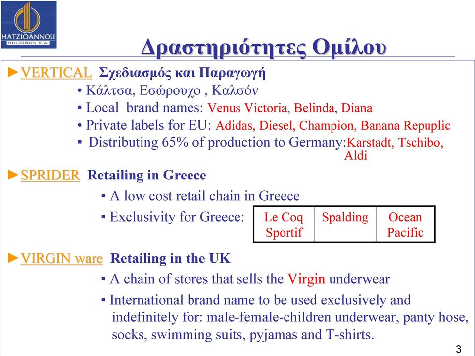 chain in Greece Exclusivity for Greece: Le Coq Sportif Spalding VIRGIN ware Retailing in the UK A chain of stores that sells the Virgin underwear Ocean