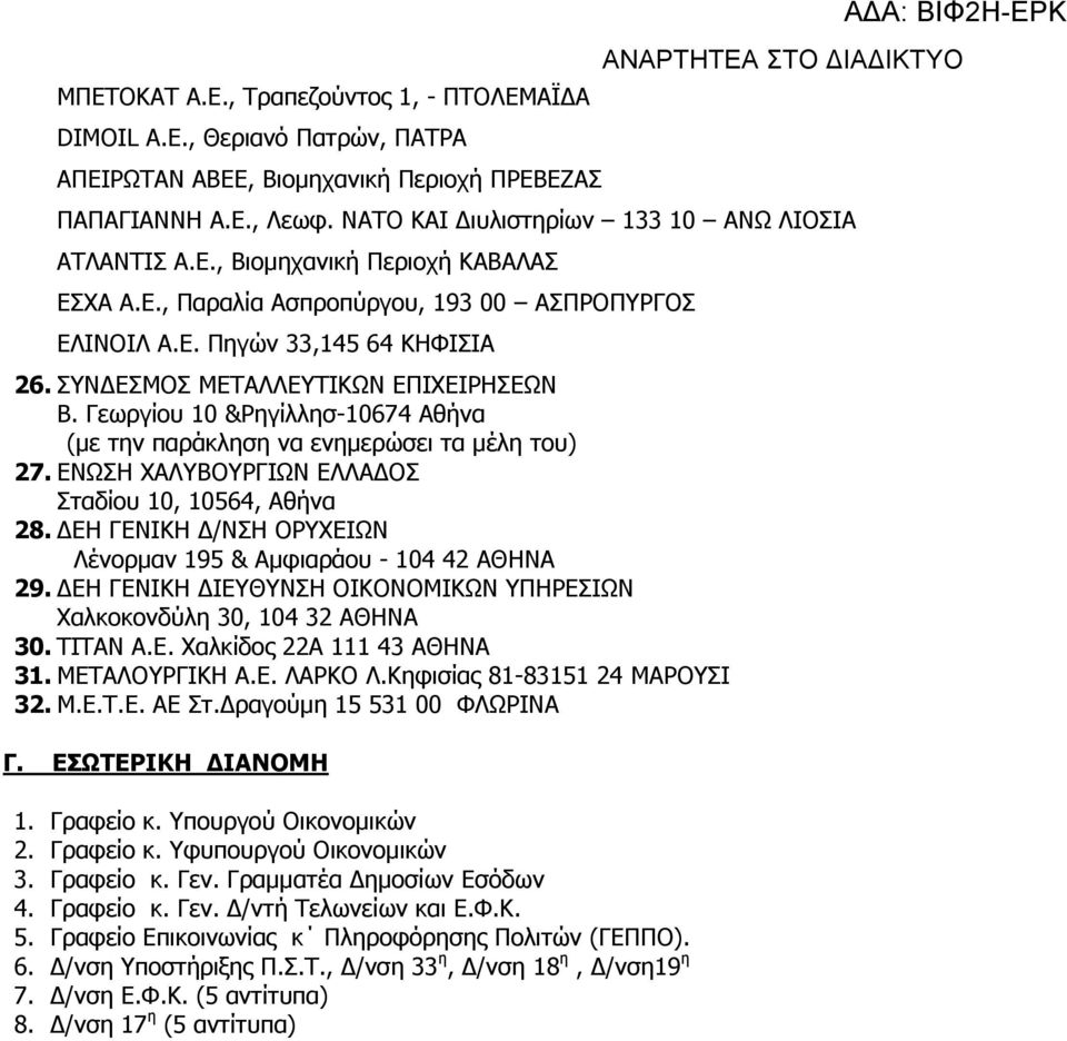 ΕΝΩΣΗ ΧΑΛΥΒΟΥΡΓΙΩΝ ΕΛΛΑΔΟΣ Σταδίου 10, 10564, Αθήνα 28. ΔΕΗ ΓΕΝΙΚΗ Δ/ΝΣΗ ΟΡΥΧΕΙΩΝ Λένορμαν 195 & Αμφιαράου - 104 42 ΑΘΗΝΑ 29.