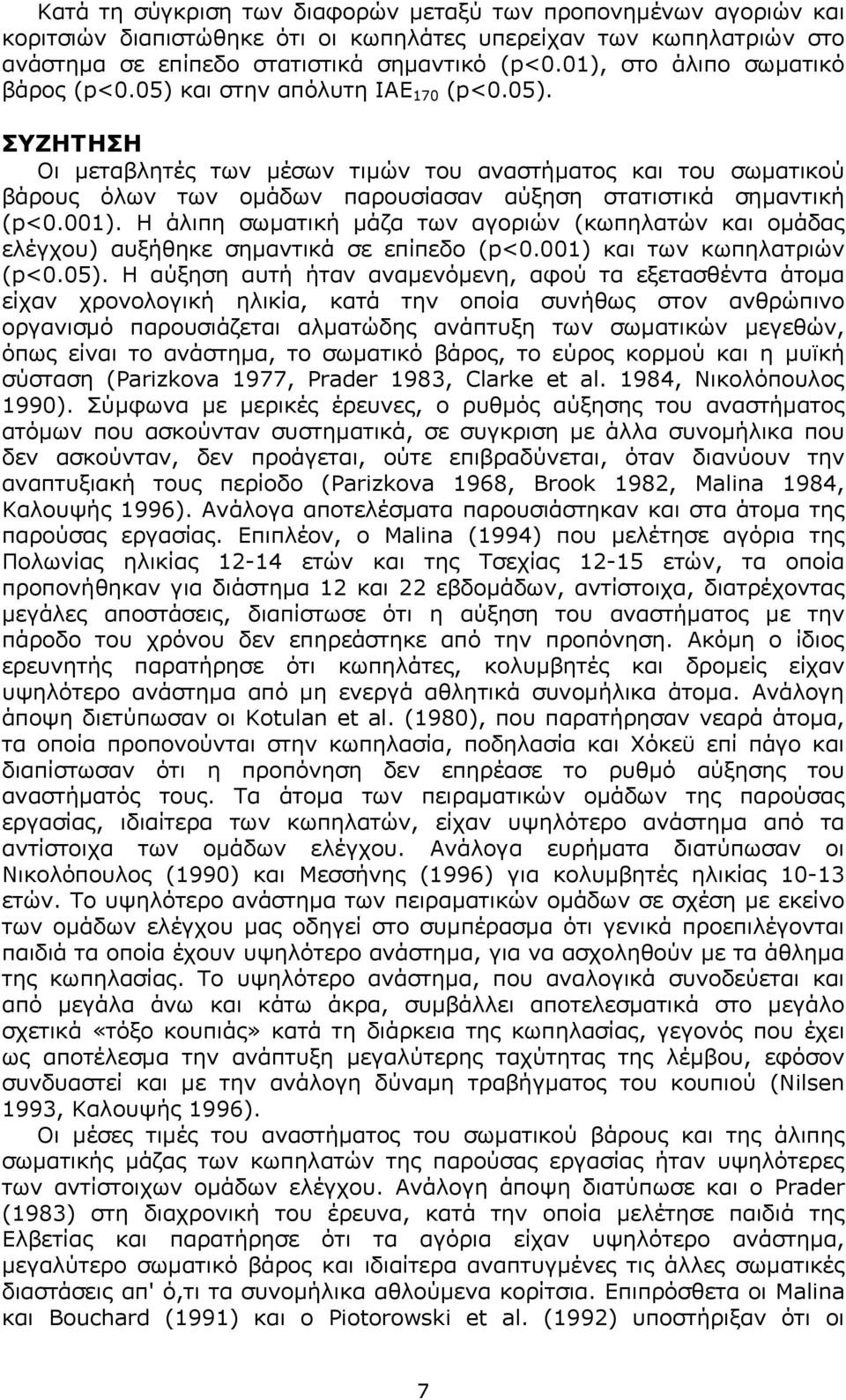 001). Η άλιπη σωµατική µάζα των αγοριών (κωπηλατών και οµάδας ελέγχου) αυξήθηκε σηµαντικά σε επίπεδο (p<0.001) και των κωπηλατριών (p<0.05).