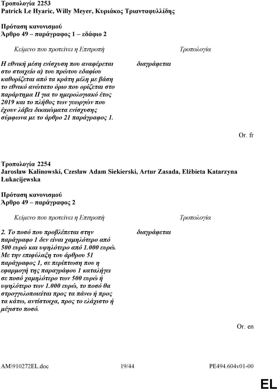 διαγράφεται Or. fr 2254 Jarosław Kalinowski, Czesław Adam Siekierski, Artur Zasada, Elżbieta Katarzyna Łukacijewska Άρθρο 49 παράγραφος 2 2.