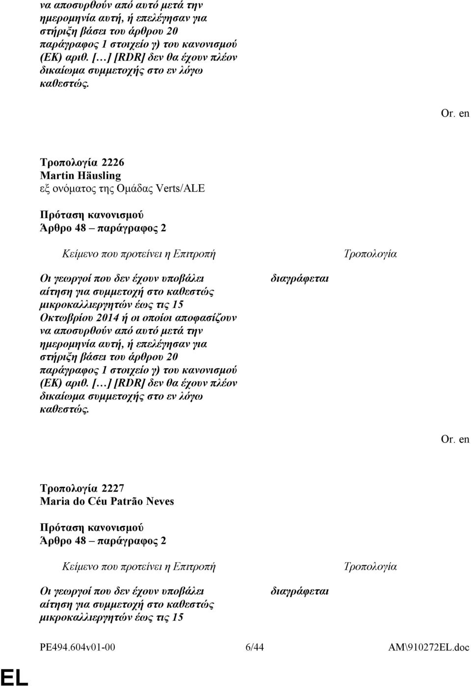 2226 Martin Häusling εξ ονόματος της Ομάδας Verts/ALE Άρθρο 48 παράγραφος 2 Οι γεωργοί που δεν έχουν υποβάλει αίτηση για συμμετοχή στο καθεστώς μικροκαλλιεργητών έως τις 15 Οκτωβρίου 2014 ή οι οποίοι