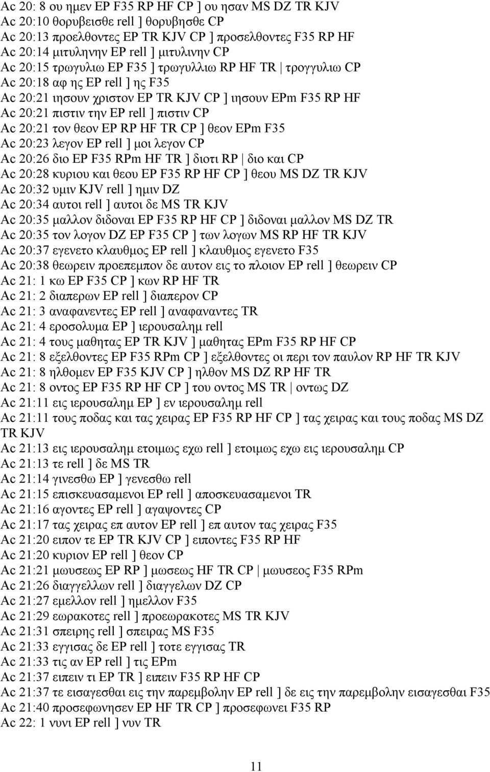 τον θεον EP RP HF TR CP ] θεον EPm F35 Ac 20:23 λεγον EP rell ] µοι λεγον CP Ac 20:26 διο EP F35 RPm HF TR ] διοτι RP διο και CP Ac 20:28 κυριου και θεου EP F35 RP HF CP ] θεου MS DZ TR KJV Ac 20:32