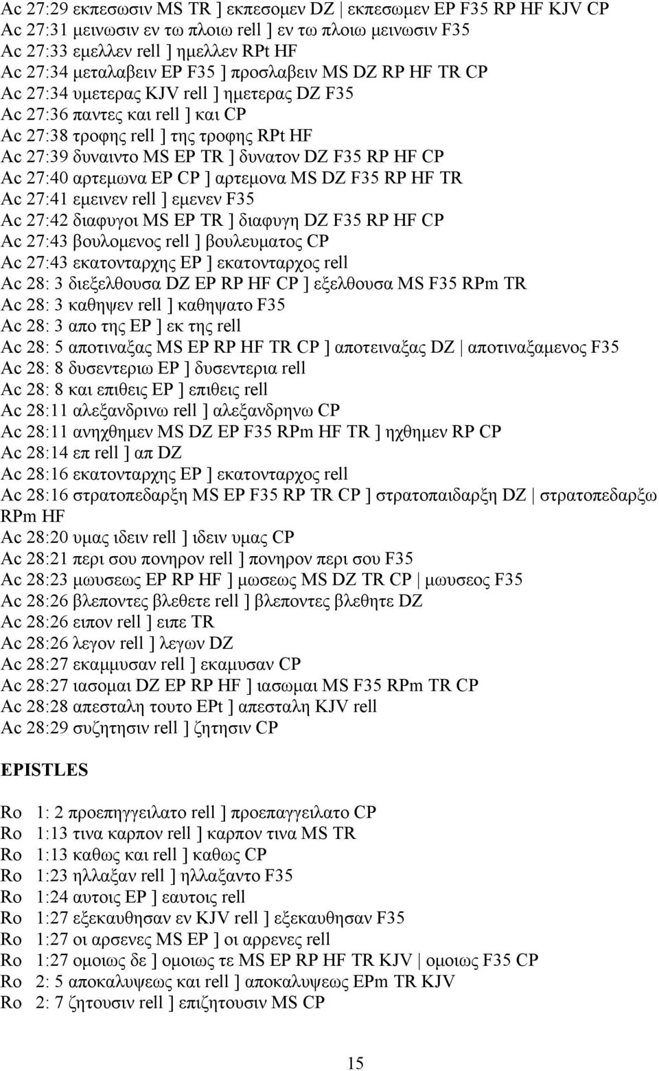 CP Ac 27:40 αρτεµωνα EP CP ] αρτεµονα MS DZ F35 RP HF TR Ac 27:41 εµεινεν rell ] εµενεν F35 Ac 27:42 διαφυγοι MS EP TR ] διαφυγη DZ F35 RP HF CP Ac 27:43 βουλοµενος rell ] βουλευµατος CP Ac 27:43