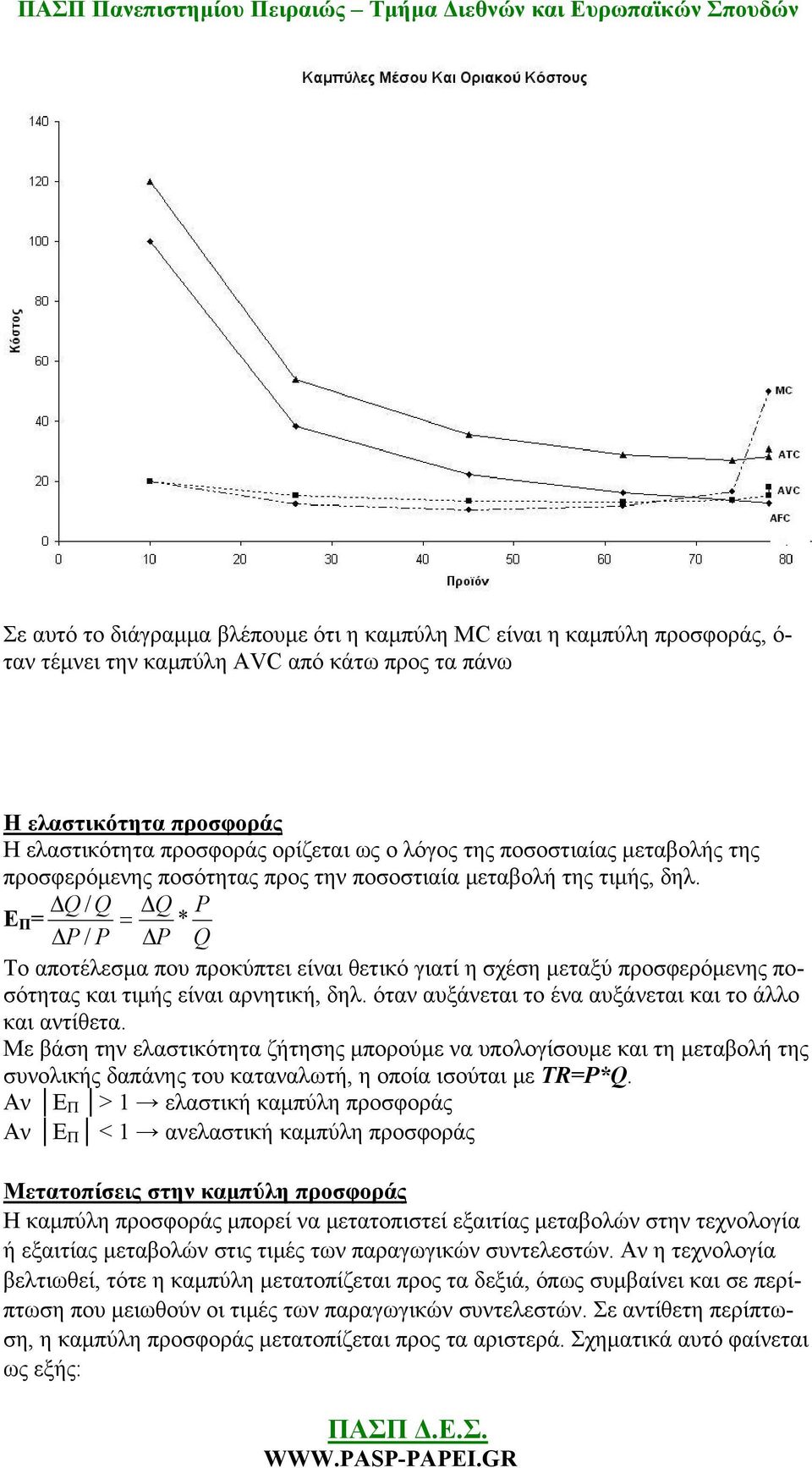 ΔQ / Q ΔQ P Ε Π = = * ΔP / P ΔP Q Το αποτέλεσμα που προκύπτει είναι θετικό γιατί η σχέση μεταξύ προσφερόμενης ποσότητας και τιμής είναι αρνητική, δηλ.