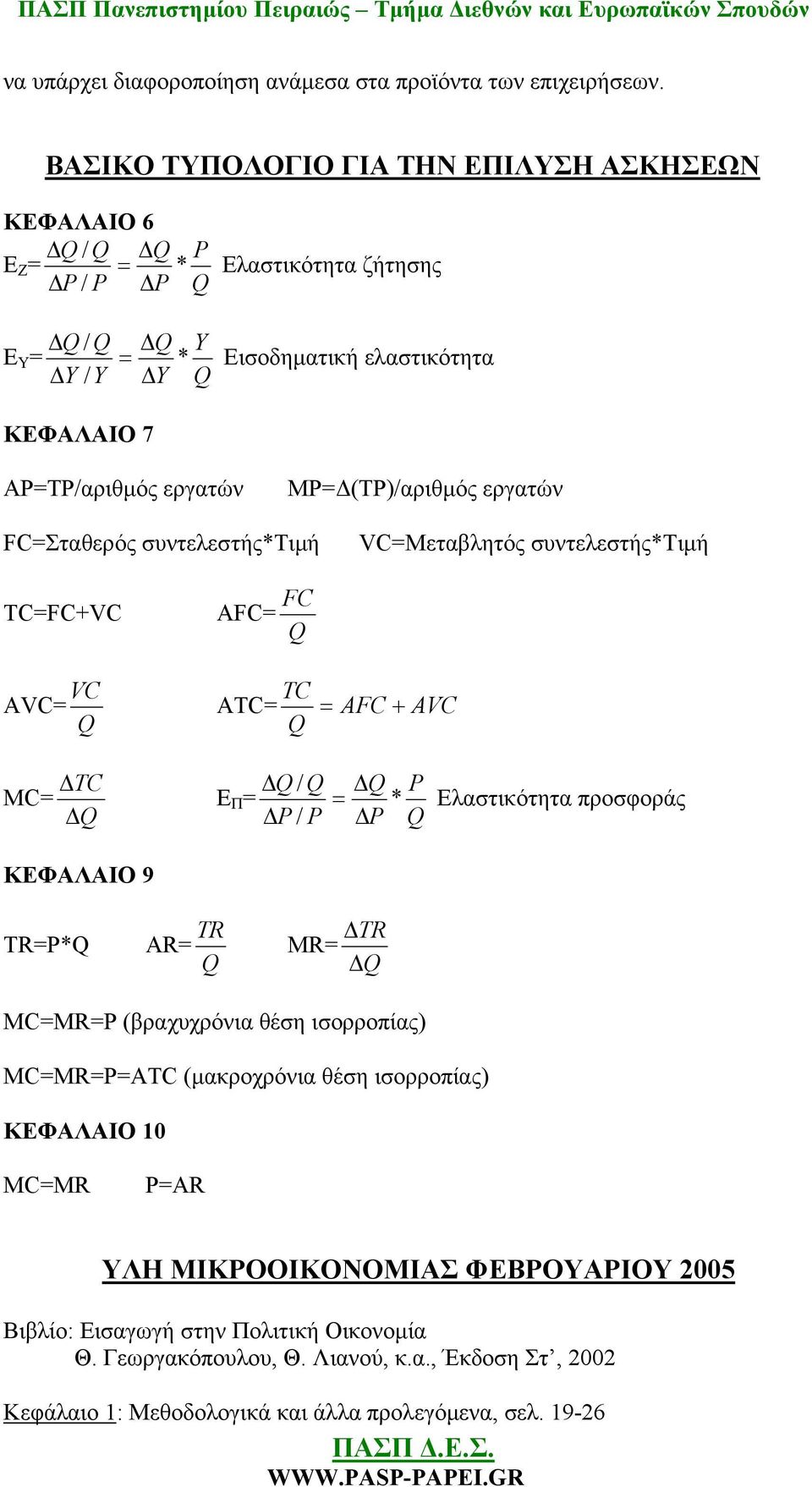 εργατών MP=Δ(TP)/αριθμός εργατών FC=Σταθερός συντελεστής*τιμή VC=Μεταβλητός συντελεστής*τιμή TC=FC+VC AFC= Q FC VC AVC= Q TC ATC= Q = AFC + AVC MC= ΔTC Δ Q ΔQ / Q E Π = ΔP / P = ΔQ * ΔP P Q