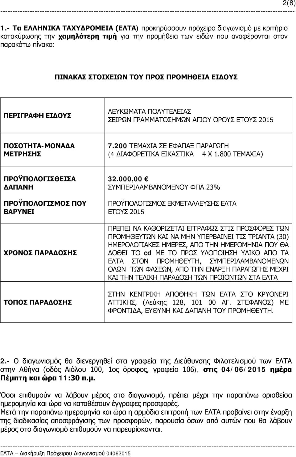 ΠΡΟΣ ΠΡΟΜΗΘΕΙΑ ΕΙΔΟΥΣ ΠΕΡΙΓΡΑΦΗ ΕΙΔΟΥΣ ΛΕΥΚΩΜΑΤΑ ΠΟΛΥΤΕΛΕΙΑΣ ΣΕΙΡΩΝ ΓΡΑΜΜΑΤΟΣΗΜΩΝ ΑΓΙΟΥ ΟΡΟΥΣ ΕΤΟΥΣ 2015 ΠΟΣΟΤΗΤΑ-ΜΟΝΑΔΑ ΜΕΤΡΗΣΗΣ 7.200 ΤΕΜΑΧΙΑ ΣΕ ΕΦΑΠΑΞ ΠΑΡΑΓΩΓΗ (4 ΔΙΑΦΟΡΕΤΙΚΑ ΕΙΚΑΣΤΙΚΑ 4 Χ 1.