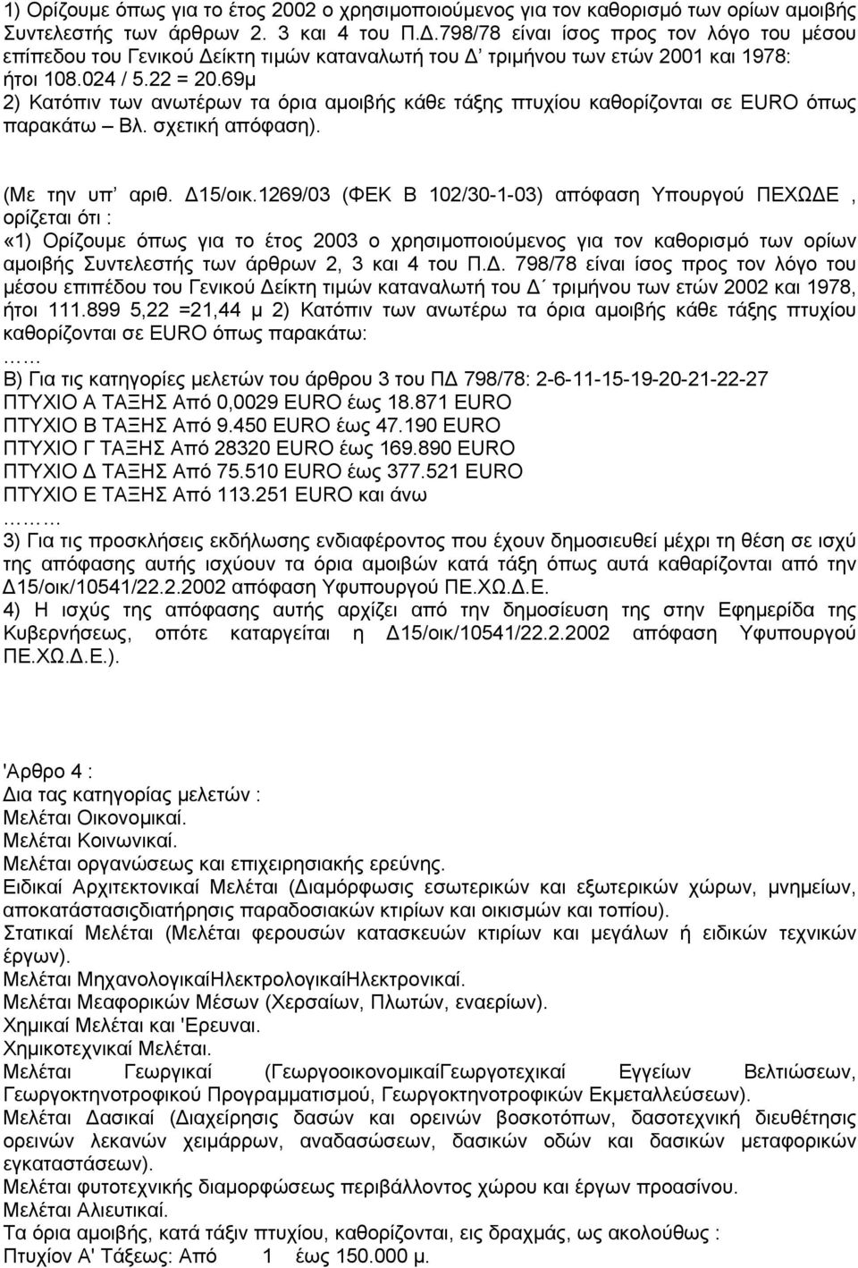 69µ 2) Κατόπιν των ανωτέρων τα όρια αµοιβής κάθε τάξης πτυχίου καθορίζονται σε όπως παρακάτω Βλ. σχετική απόφαση). (Με την υπ αριθ. 15/οικ.