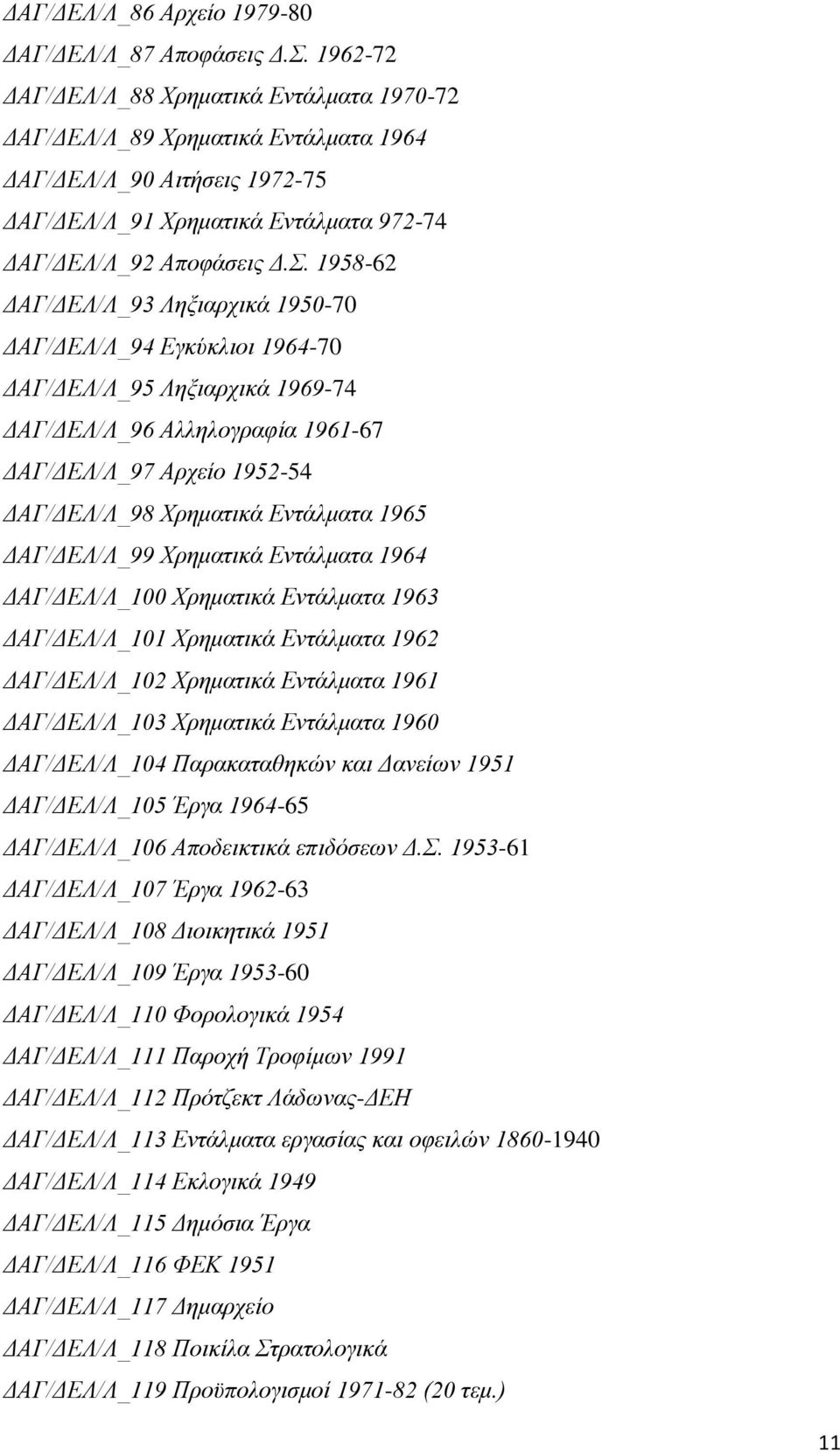 1958-62 ΔΑΓ/ΔΕΛ/Λ_93 Ληξιαρχικά 1950-70 ΔΑΓ/ΔΕΛ/Λ_94 Εγκύκλιοι 1964-70 ΔΑΓ/ΔΕΛ/Λ_95 Ληξιαρχικά 1969-74 ΔΑΓ/ΔΕΛ/Λ_96 Αλληλογραφία 1961-67 ΔΑΓ/ΔΕΛ/Λ_97 Αρχείο 1952-54 ΔΑΓ/ΔΕΛ/Λ_98 Χρηματικά Εντάλματα