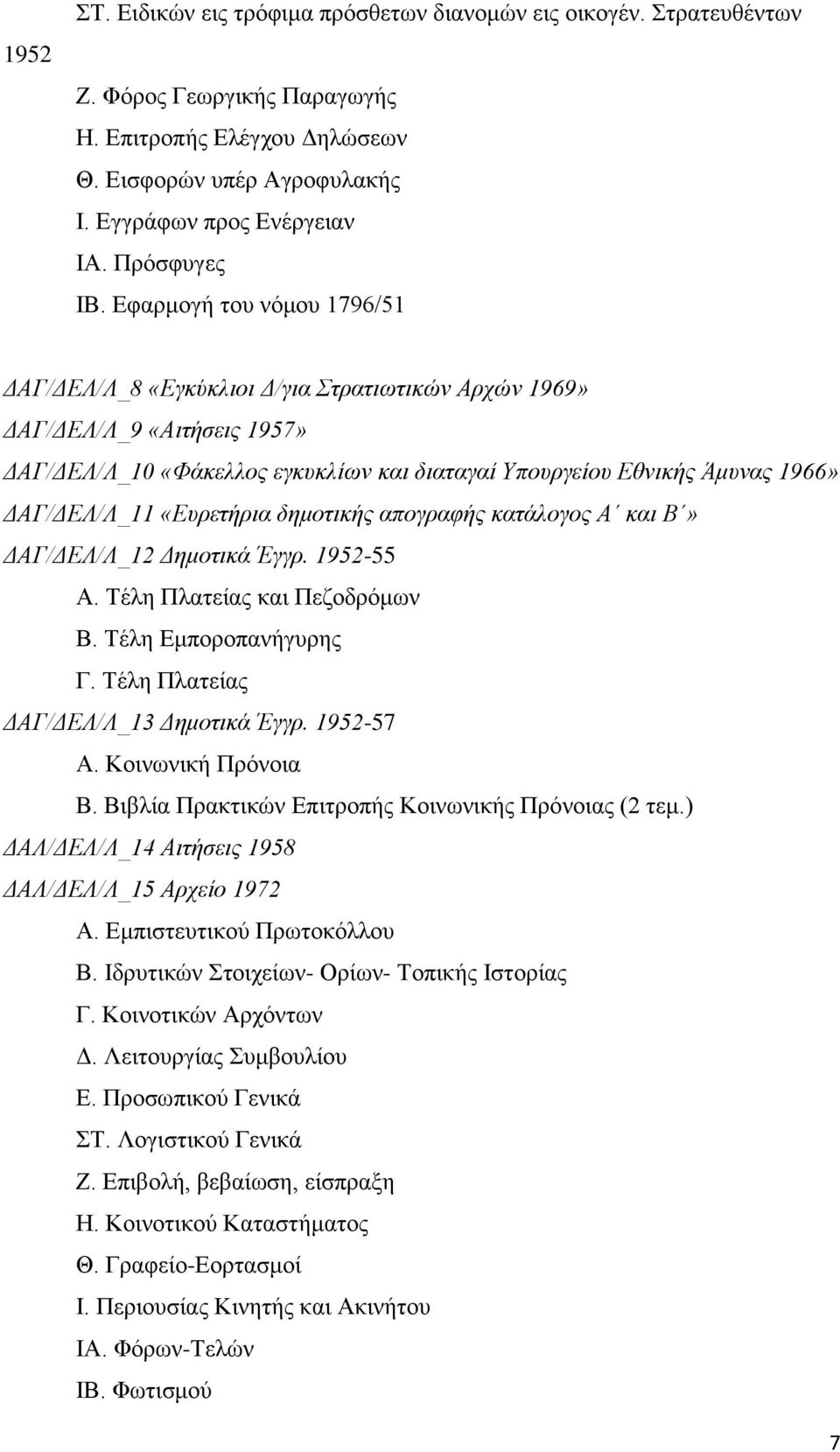 Εφαρμογή του νόμου 1796/51 ΔΑΓ/ΔΕΛ/Λ_8 «Εγκύκλιοι Δ/για Στρατιωτικών Αρχών 1969» ΔΑΓ/ΔΕΛ/Λ_9 «Αιτήσεις 1957» ΔΑΓ/ΔΕΛ/Λ_10 «Φάκελλος εγκυκλίων και διαταγαί Υπουργείου Εθνικής Άμυνας 1966» ΔΑΓ/ΔΕΛ/Λ_11