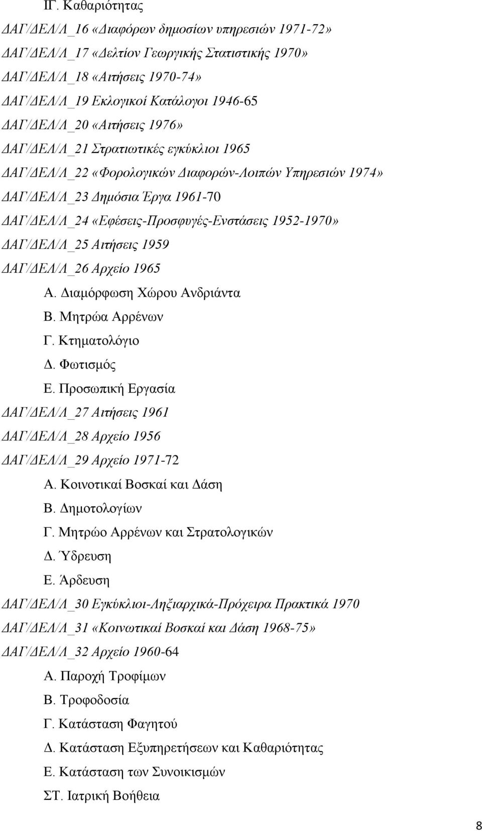 «Εφέσεις-Προσφυγές-Ενστάσεις 1952-1970» ΔΑΓ/ΔΕΛ/Λ_25 Αιτήσεις 1959 ΔΑΓ/ΔΕΛ/Λ_26 Αρχείο 1965 Α. Διαμόρφωση Χώρου Ανδριάντα Β. Μητρώα Αρρένων Γ. Κτηματολόγιο Δ. Φωτισμός Ε.