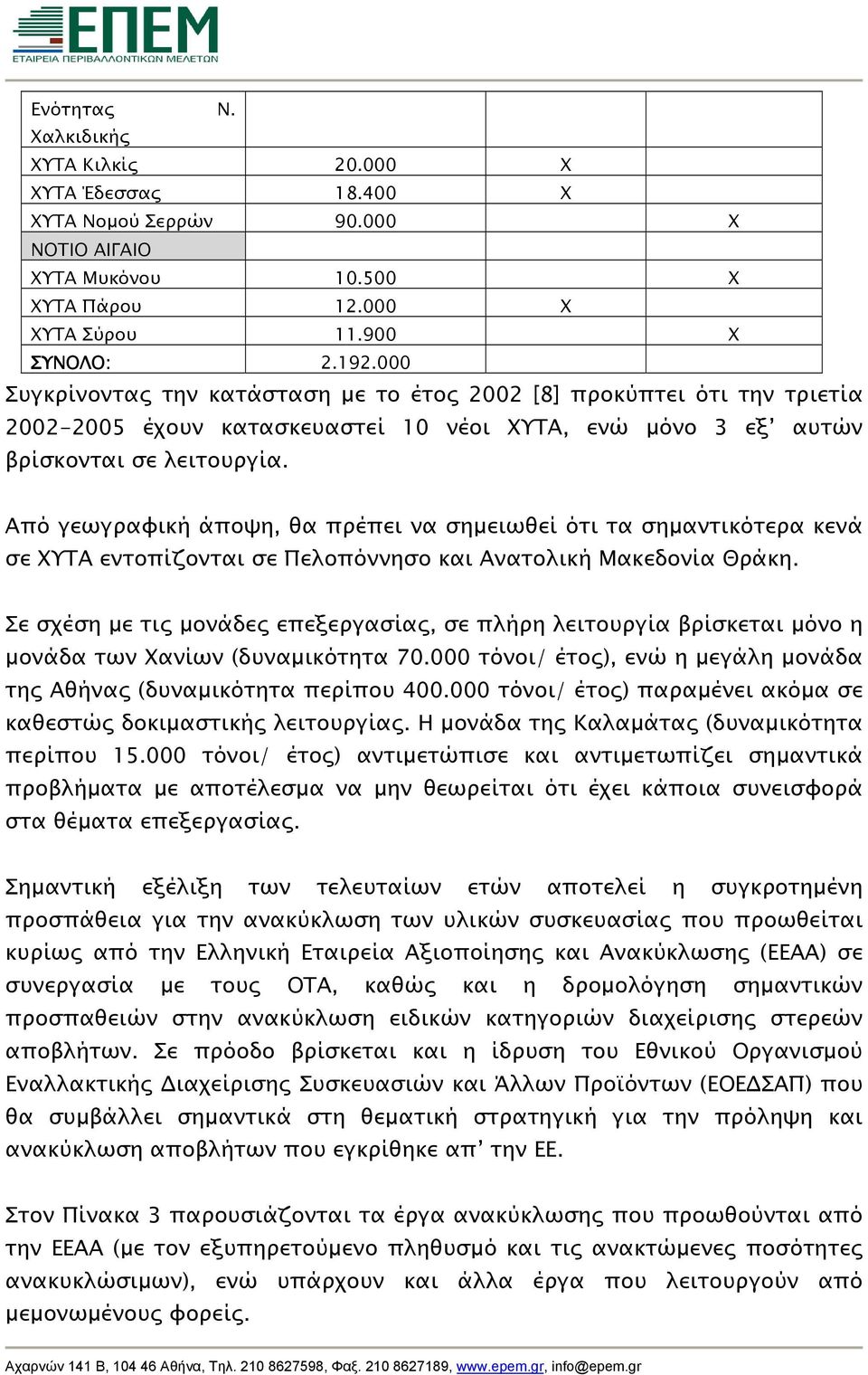 Από γεωγραφική άποψη, θα πρέπει να σημειωθεί ότι τα σημαντικότερα κενά σε ΧΥΤΑ εντοπίζονται σε Πελοπόννησο και Ανατολική Μακεδονία Θράκη.