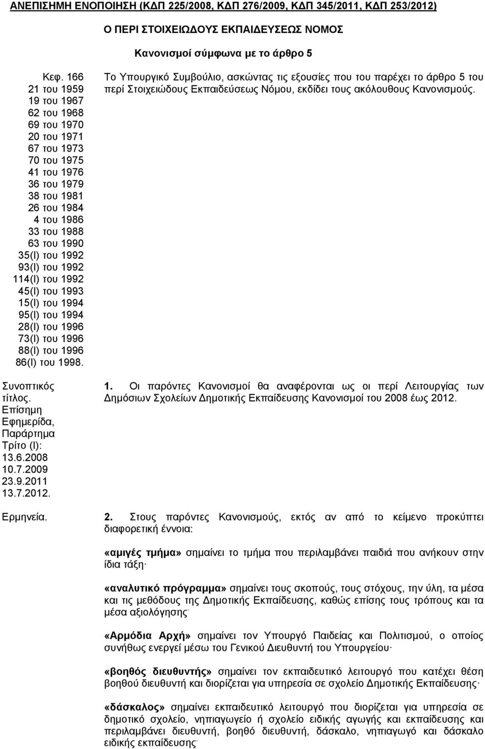 1992 114(Ι) του 1992 45(Ι) του 1993 15(Ι) του 1994 95(Ι) του 1994 28(Ι) του 1996 73(Ι) του 1996 88(Ι) του 1996 86(Ι) του 1998. Συνοπτικός τίτλος. Επίσημη Εφημερίδα, Παράρτημα Τρίτο (Ι): 13.6.2008 10.