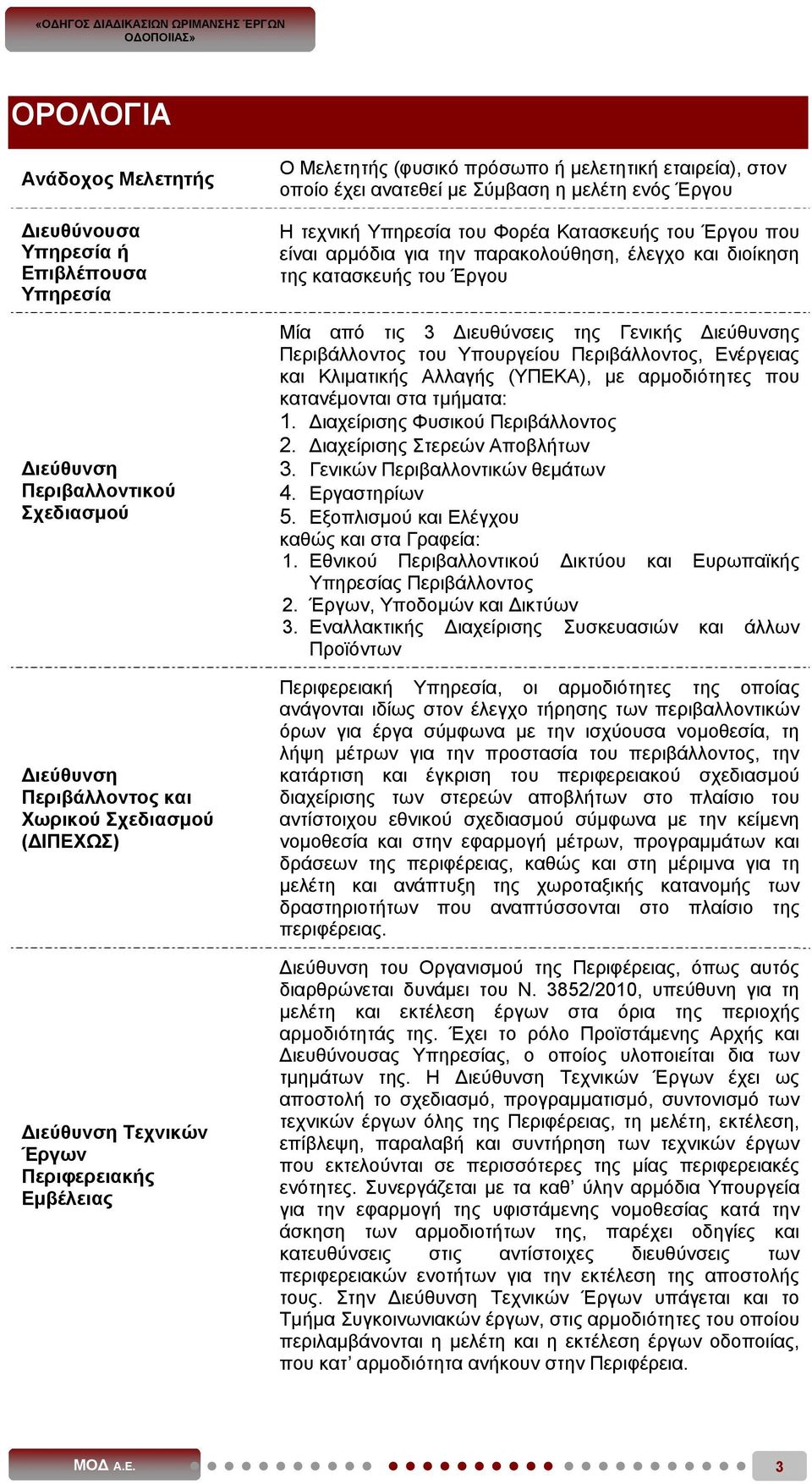 για την παρακολούθηση, έλεγχο και διοίκηση της κατασκευής του Έργου Μία από τις 3 ιευθύνσεις της Γενικής ιεύθυνσης Περιβάλλοντος του Υπουργείου Περιβάλλοντος, Ενέργειας και Κλιματικής Αλλαγής