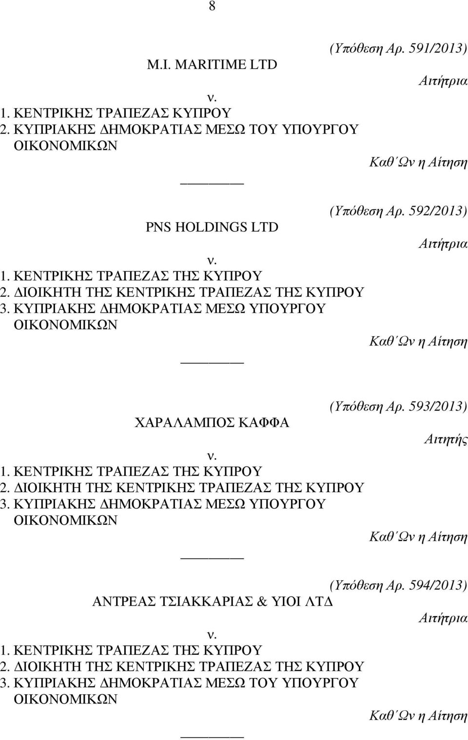 593/2013) ΧΑΡΑΛΑΜΠΟΣ ΚΑΦΦΑ Αιτητής 2.  594/2013) ΑΝΤΡΕΑΣ ΤΣΙΑΚΚΑΡΙΑΣ & ΥΙΟΙ ΛΤ 2.