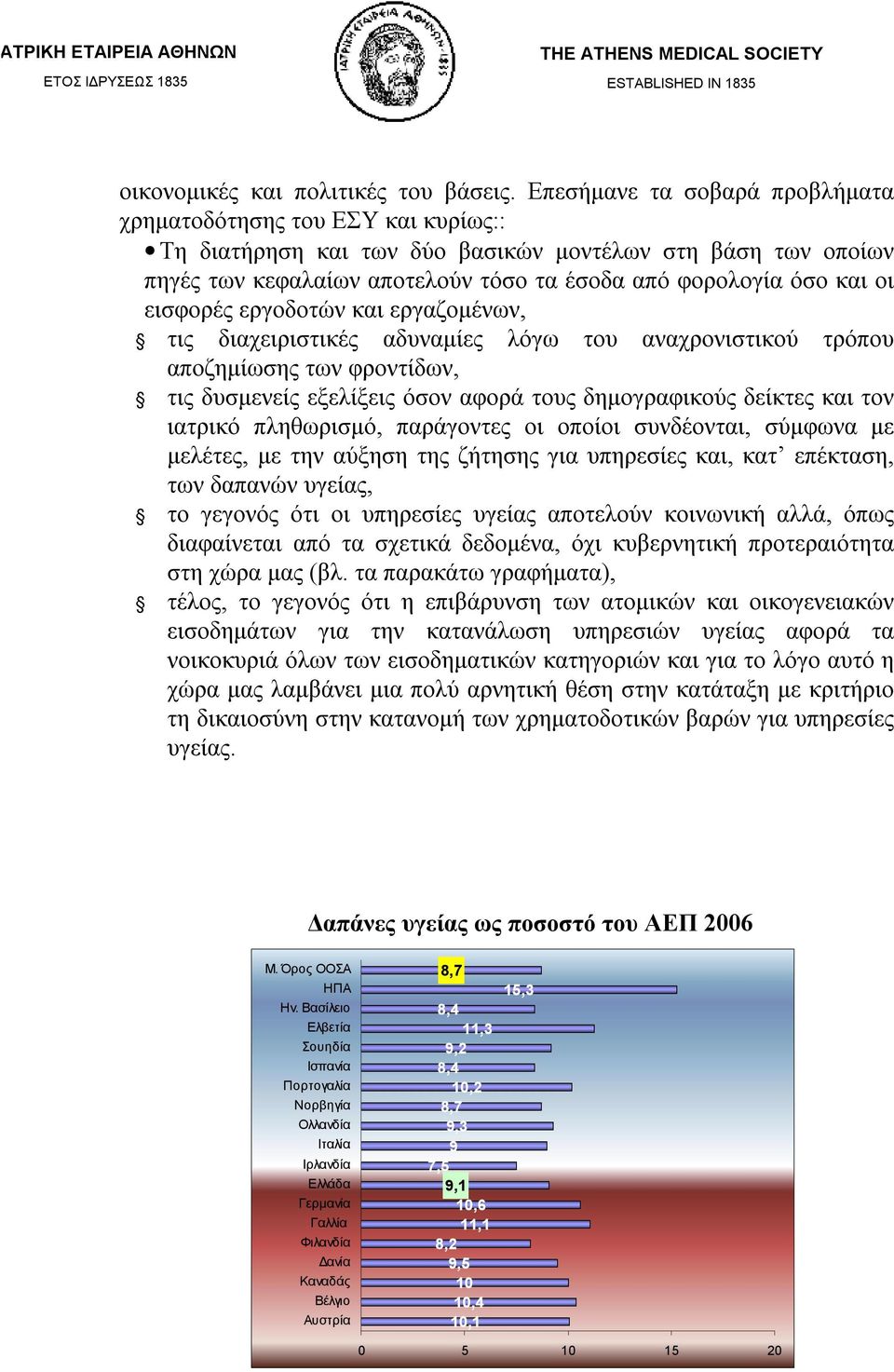 εισφορές εργοδοτών και εργαζομένων, τις διαχειριστικές αδυναμίες λόγω του αναχρονιστικού τρόπου αποζημίωσης των φροντίδων, τις δυσμενείς εξελίξεις όσον αφορά τους δημογραφικούς δείκτες και τον