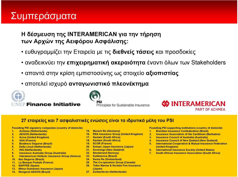 Founding PSI signatory companies (country of domicile) 1. Achmea (Netherlands) 2. AEGON (Netherlands) 3. Aviva (United Kingdom) 4. AXA (France) 5. Bradesco Seguros (Brazil) 6.