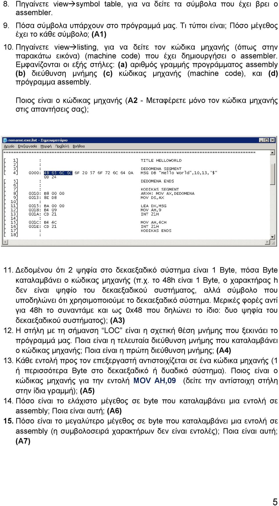 Εμφανίζονται οι εξής στήλες: (a) αριθμός γραμμής προγράμματος assembly (b) διεύθυνση μνήμης (c) κώδικας μηχανής (machine code), και (d) πρόγραμμα assembly.