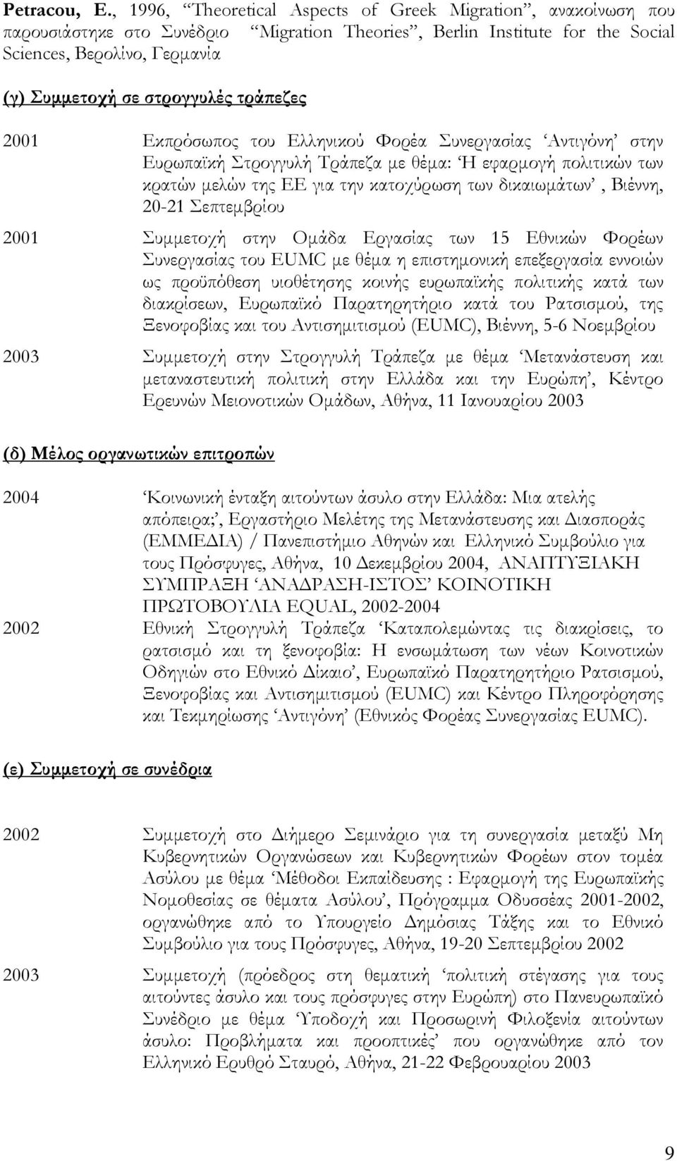 τράπεζες 2001 Εκπρόσωπος του Ελληνικού Φορέα Συνεργασίας Αντιγόνη στην Ευρωπαϊκή Στρογγυλή Τράπεζα με θέμα: Η εφαρμογή πολιτικών των κρατών μελών της ΕΕ για την κατοχύρωση των δικαιωμάτων, Βιέννη,