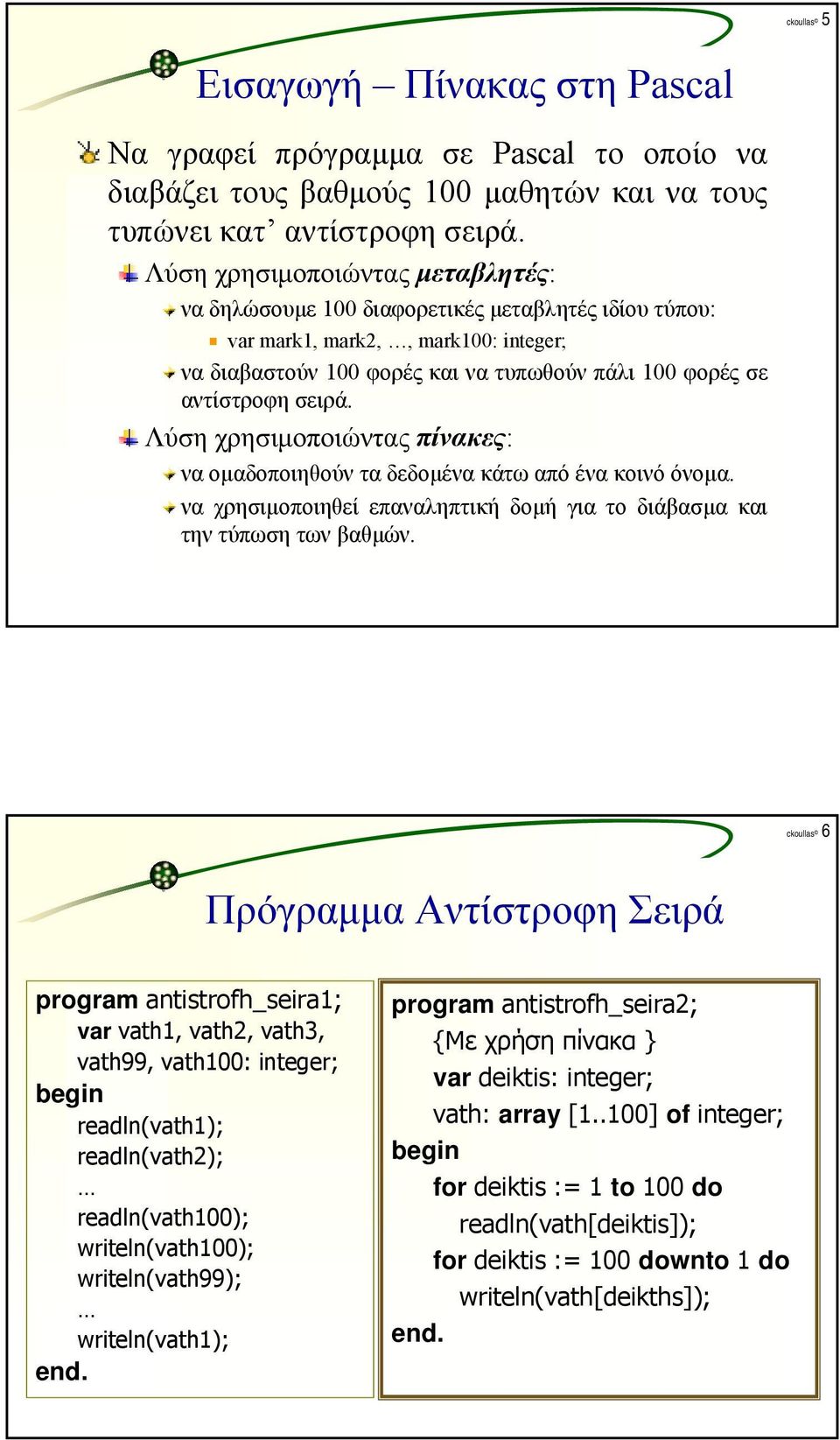 Λύση χρησιμοποιώντας πίνακες: να ομαδοποιηθούν τα δεδομένα κάτω από ένα κοινό όνομα. να χρησιμοποιηθεί επαναληπτική δομή για το διάβασμα και την τύπωση των βαθμών.