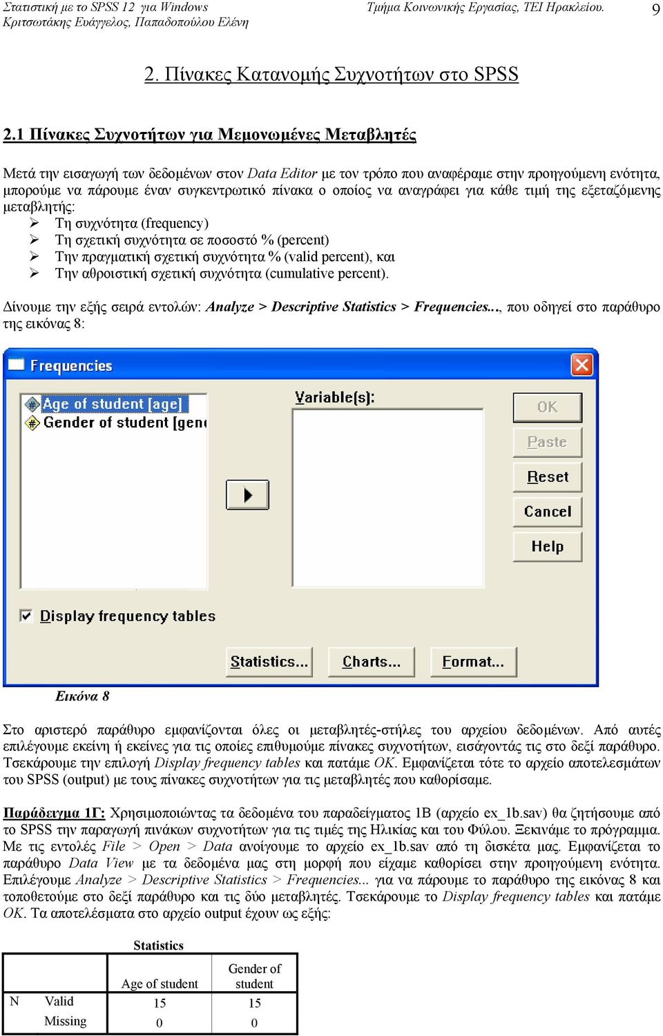 οποίος να αναγράφει για κάθε τιµή της εξεταζόµενης µεταβλητής: Τη συχνότητα (frequency) Τη σχετική συχνότητα σε ποσοστό % (percent) Την πραγµατική σχετική συχνότητα % (valid percent), και Την