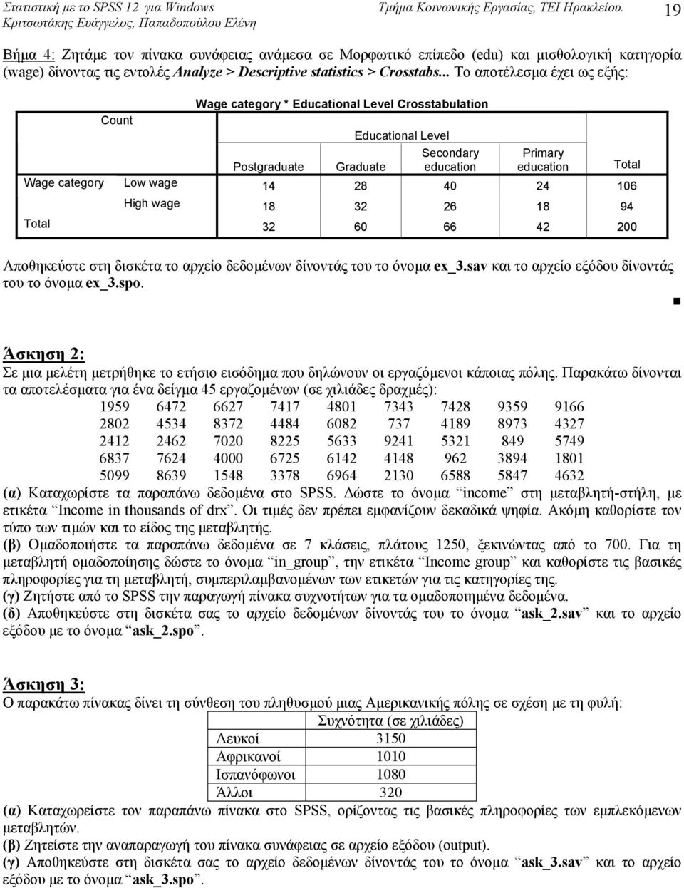 40 24 106 High wage 18 32 26 18 94 Total 32 60 66 42 200 Αποθηκεύστε στη δισκέτα το αρχείο δεδοµένων δίνοντάς του το όνοµα ex_3.sav και το αρχείο εξόδου δίνοντάς του το όνοµα ex_3.spo.