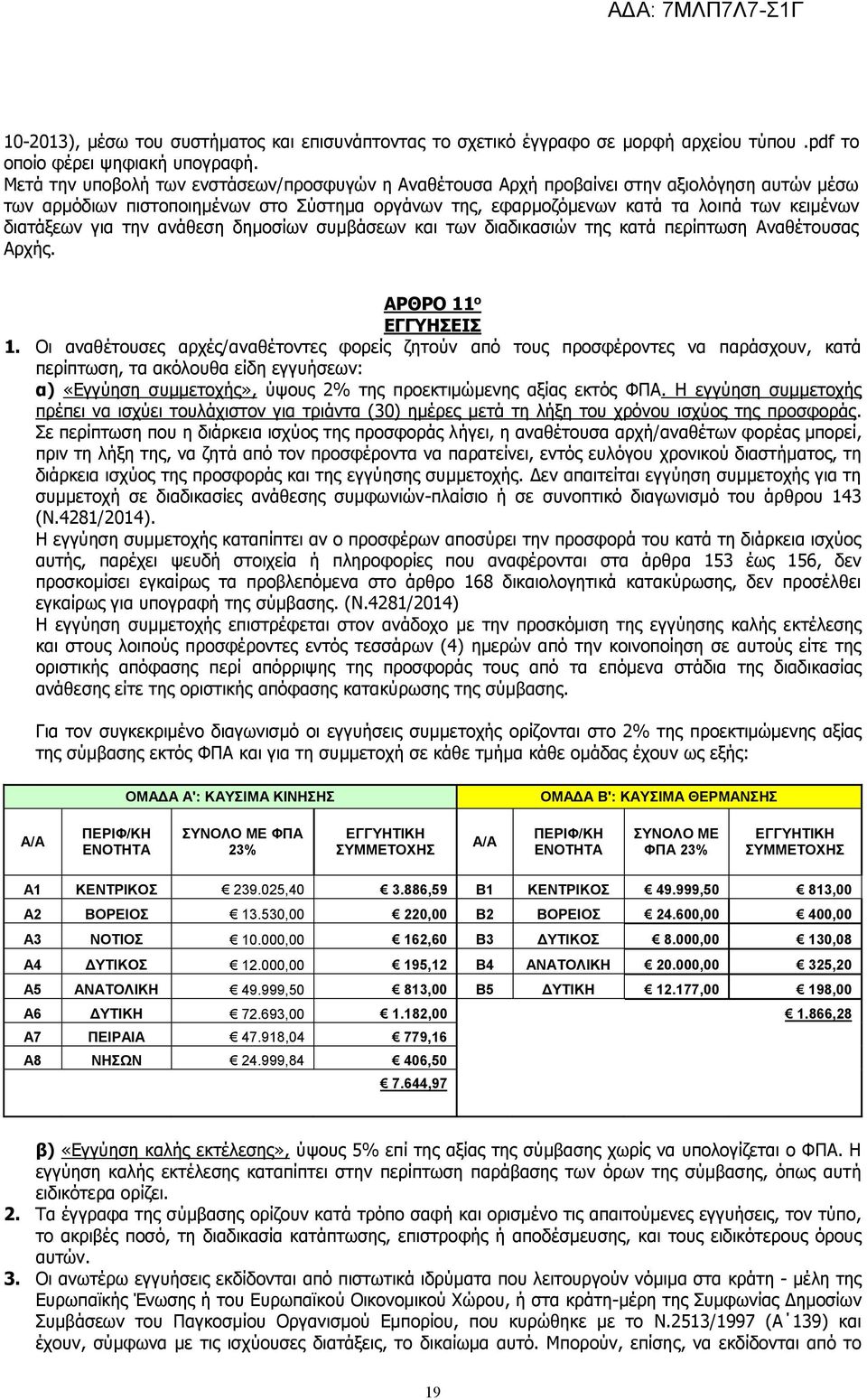 για την ανάθεση δημοσίων συμβάσεων και των διαδικασιών της κατά περίπτωση Αναθέτουσας Αρχής. ΑΡΘΡΟ 11 ο ΕΓΓΥΗΣΕΙΣ 1.