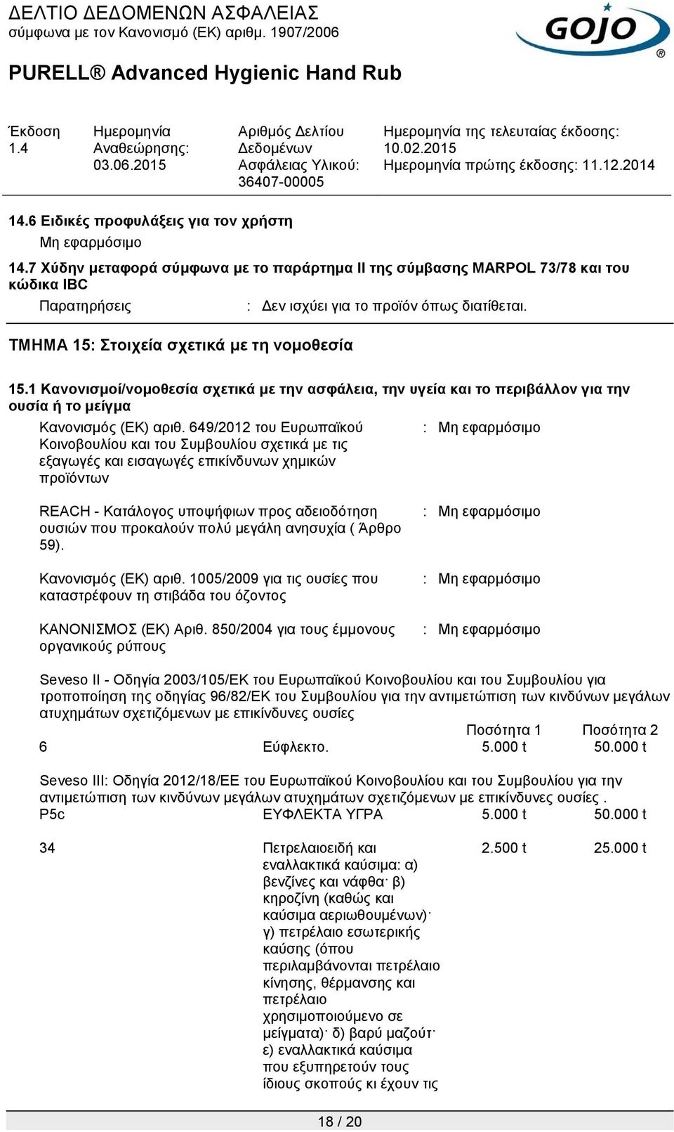 Στοιχεία σχετικά με τη νομοθεσία : Δεν ισχύει για το προϊόν όπως διατίθεται. 15.