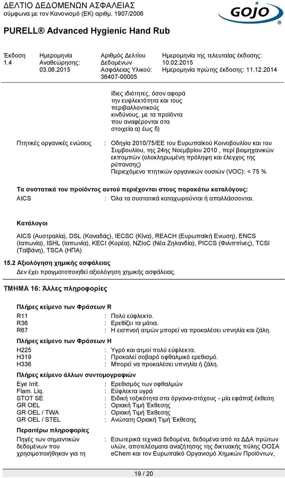 του προϊόντος αυτού περιέχονται στους παρακάτω καταλόγους: AICS : Όλα τα συστατικά καταχωρούνται ή απαλλάσσονται.