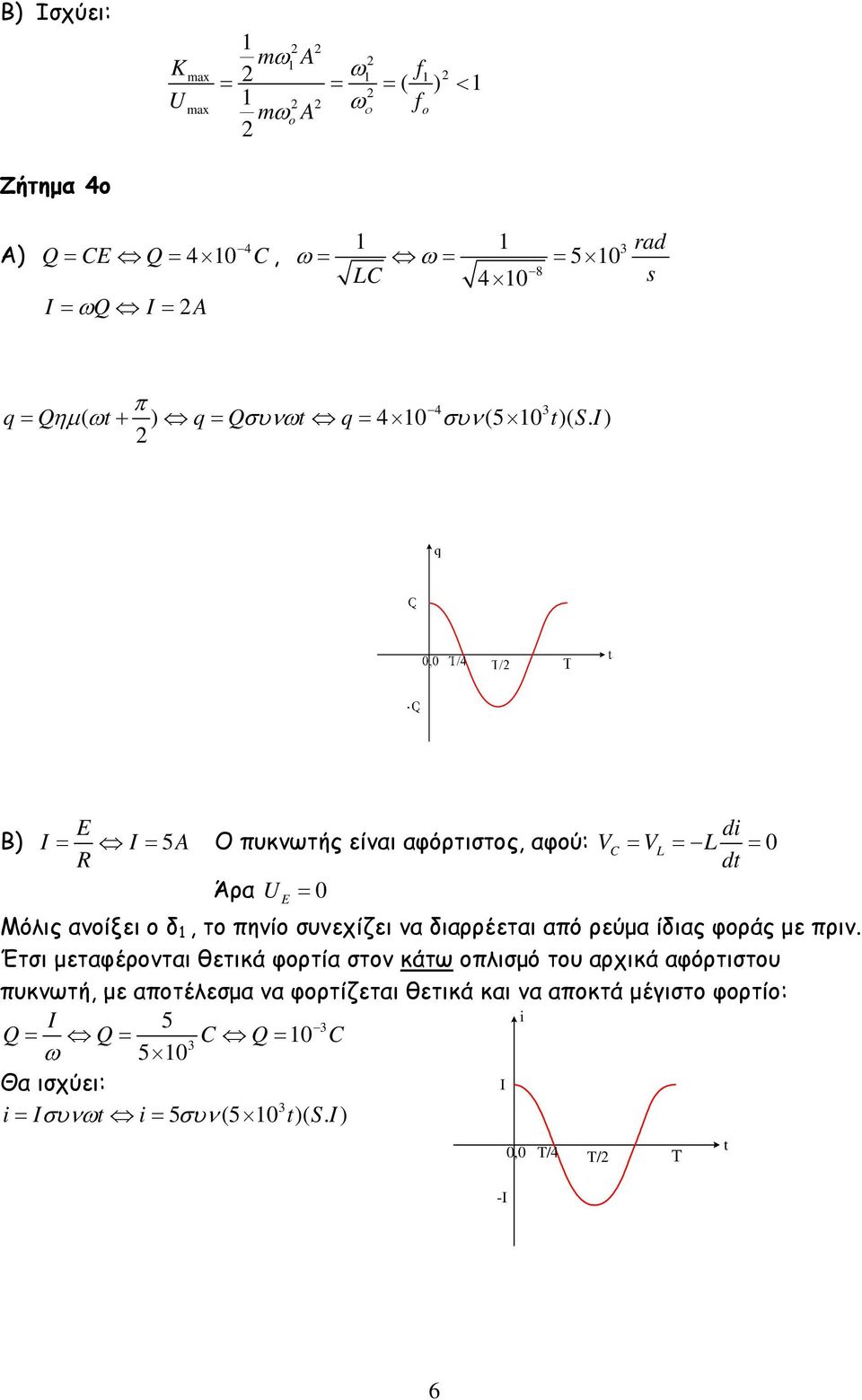 ) E di Β) I = I = 5A Ο πυκνωτής είναι αφόρτιστος, αφού: VC = VL = L = 0 R dt Άρα E = 0 Μόλις ανοίξει ο δ, το πηνίο συνεχίζει να διαρρέεται από