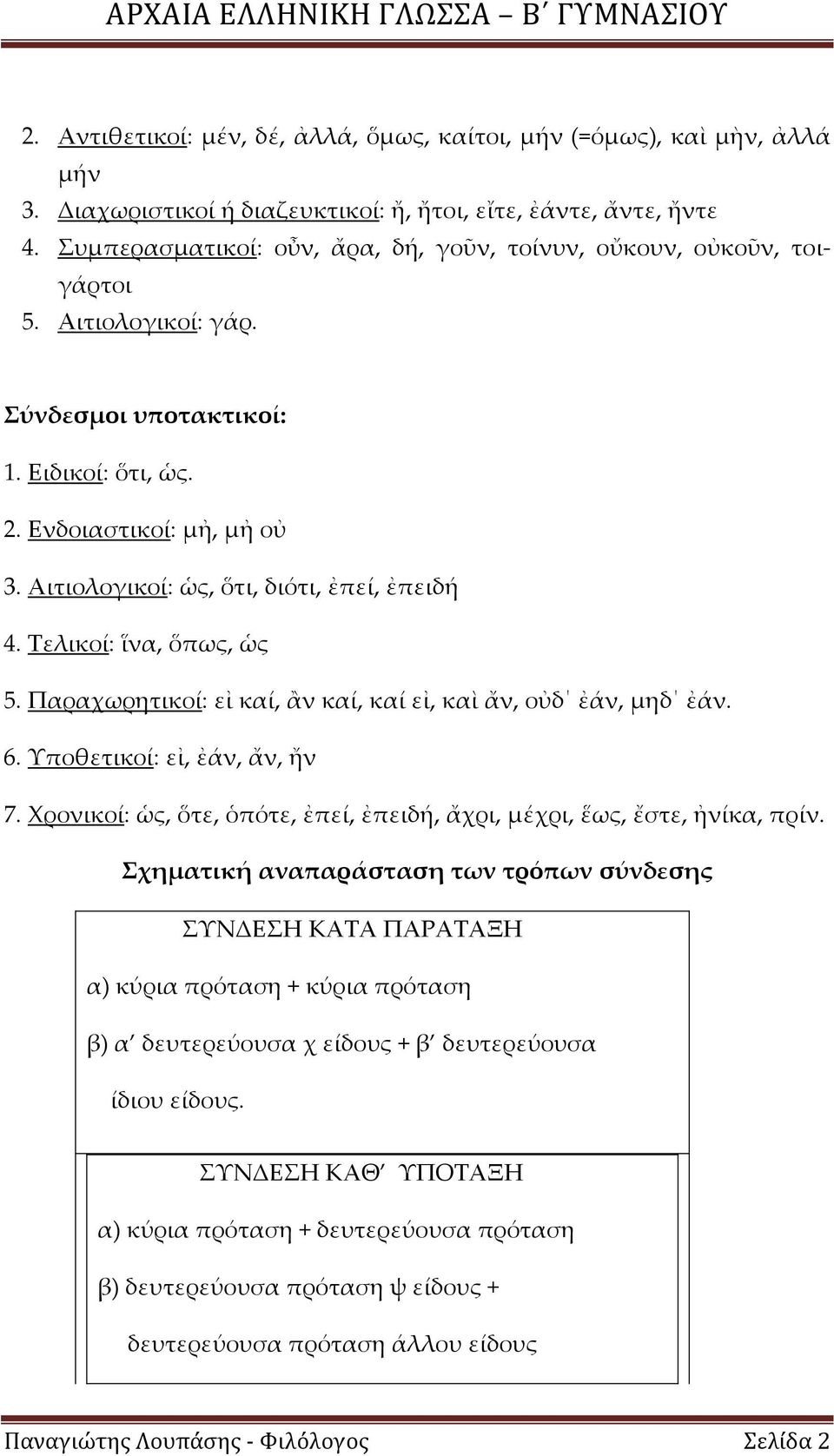 Αιτιολογικοί: ὡς, ὅτι, διότι, ἐπεί, ἐπειδή 4. Σελικοί: ἵνα, ὅπως, ὡς 5. Παραχωρητικοί: εἰ καί, ἂν καί, καί εἰ, καὶ ἄν, οὐδ ἐάν, μηδ ἐάν. 6. Τποθετικοί: εἰ, ἐάν, ἄν, ἤν 7.