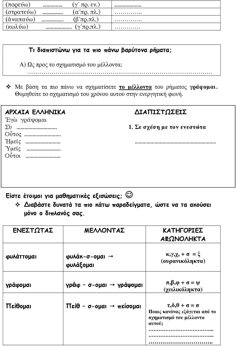 Σε σχέση µε τον ενεστώτα Είστε έτοιµοι για µαθηµατικές εξισώσεις; ιαβάστε δυνατά τα πιο κάτω παραδείγµατα, ώστε να τα ακούσει µόνο ο διπλανός σας.